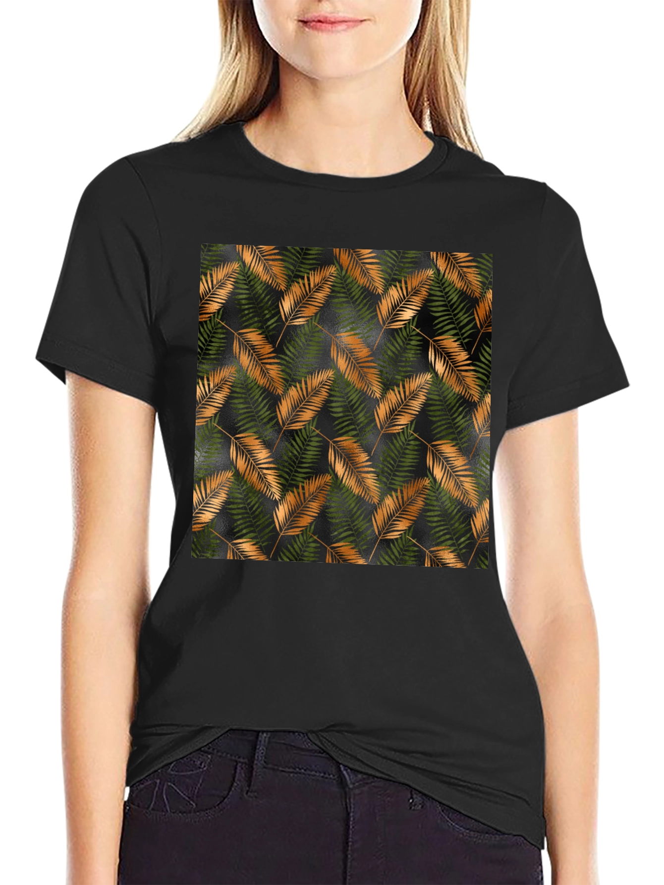 Stylish Black T-Shirt with Tropical Leaf Print