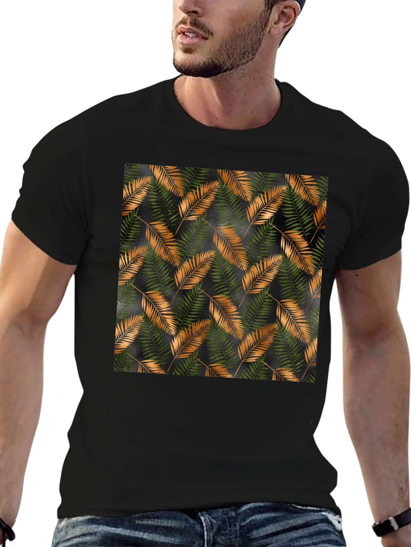 Stylish Black T-Shirt with Tropical Leaf Print