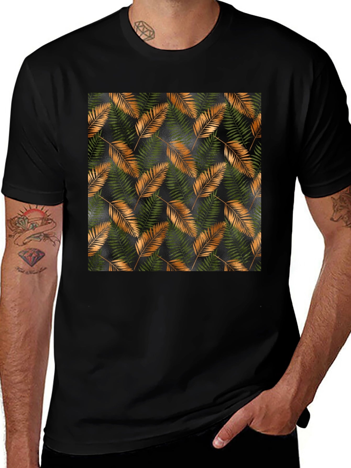 Stylish Black T-Shirt with Tropical Leaf Print