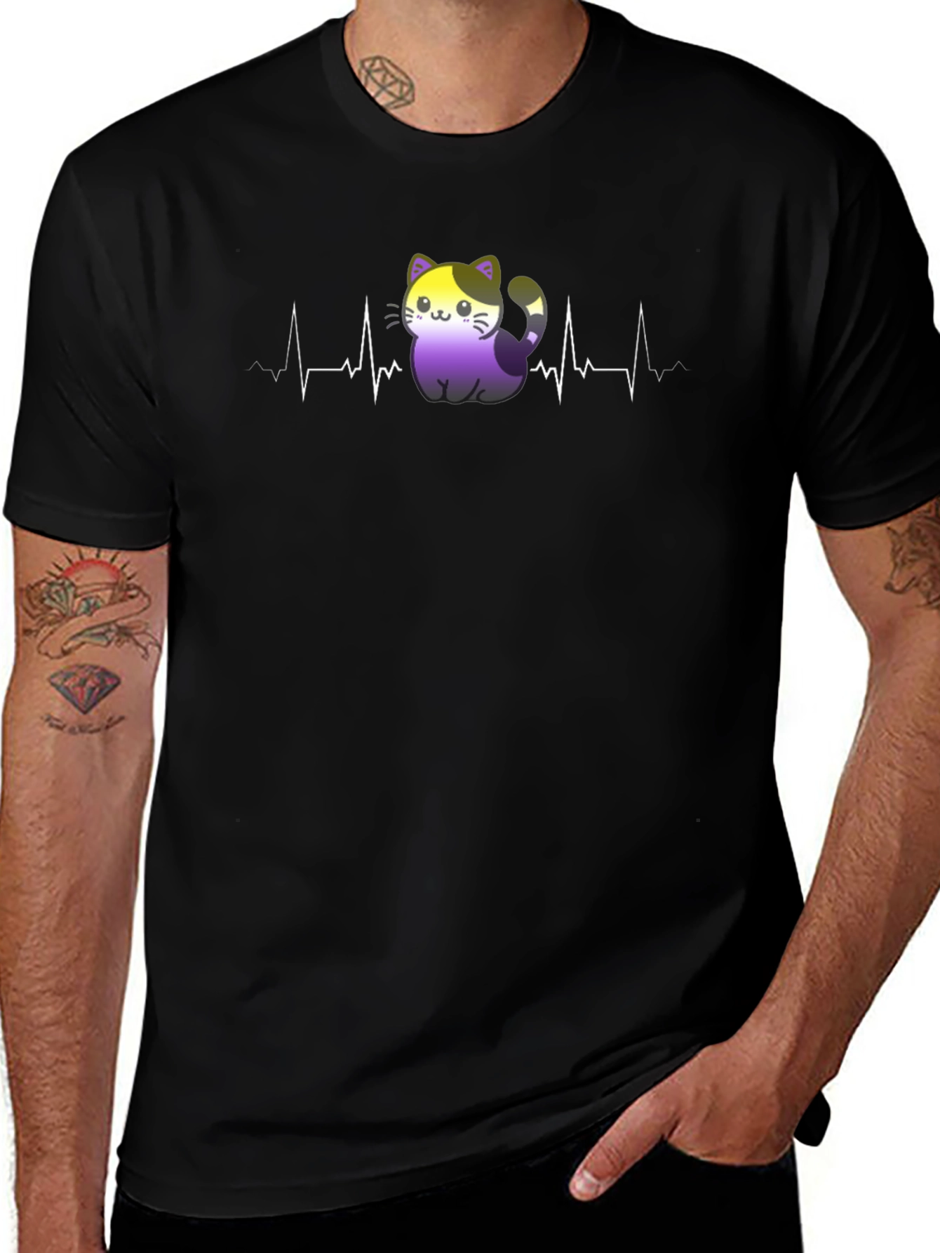 Nonbinary Cat Heartbeat T-Shirt - Black Pride Tee