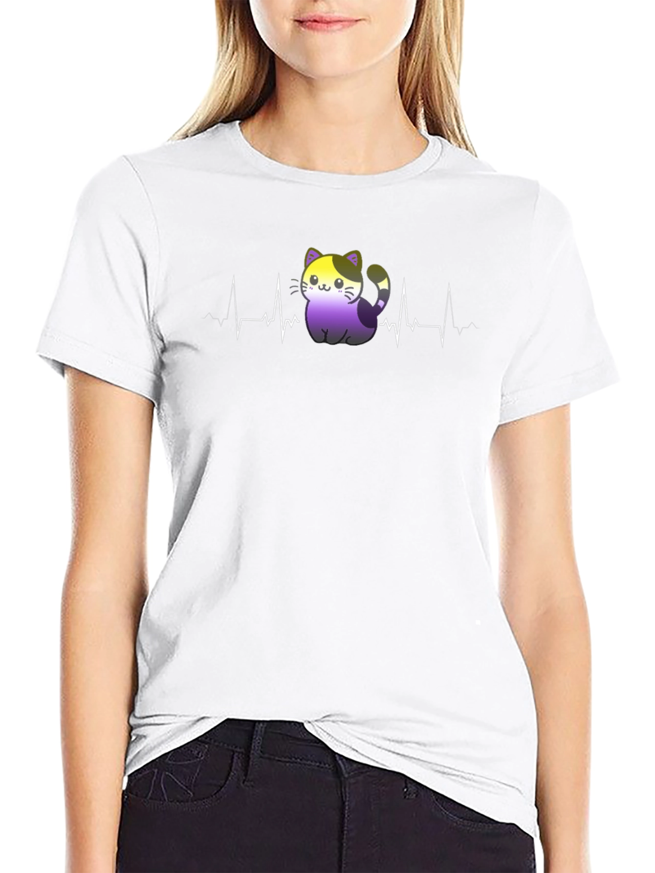 Nonbinary Cat Heartbeat T-Shirt - Black Pride Tee