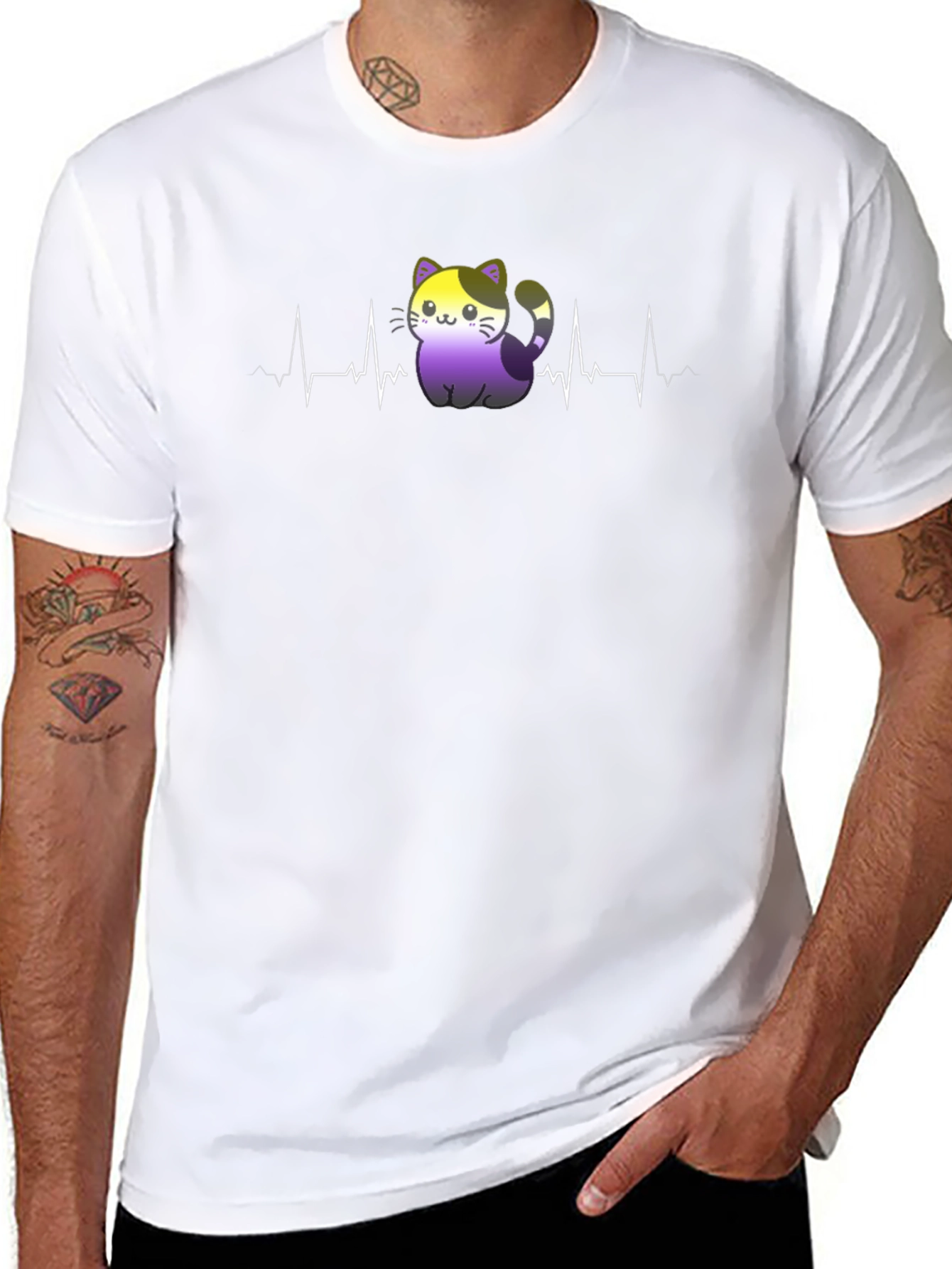 Nonbinary Cat Heartbeat T-Shirt - Black Pride Tee