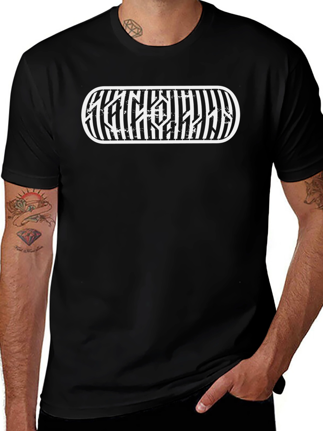 Black Graphic Tee - Distressed Stripe Design