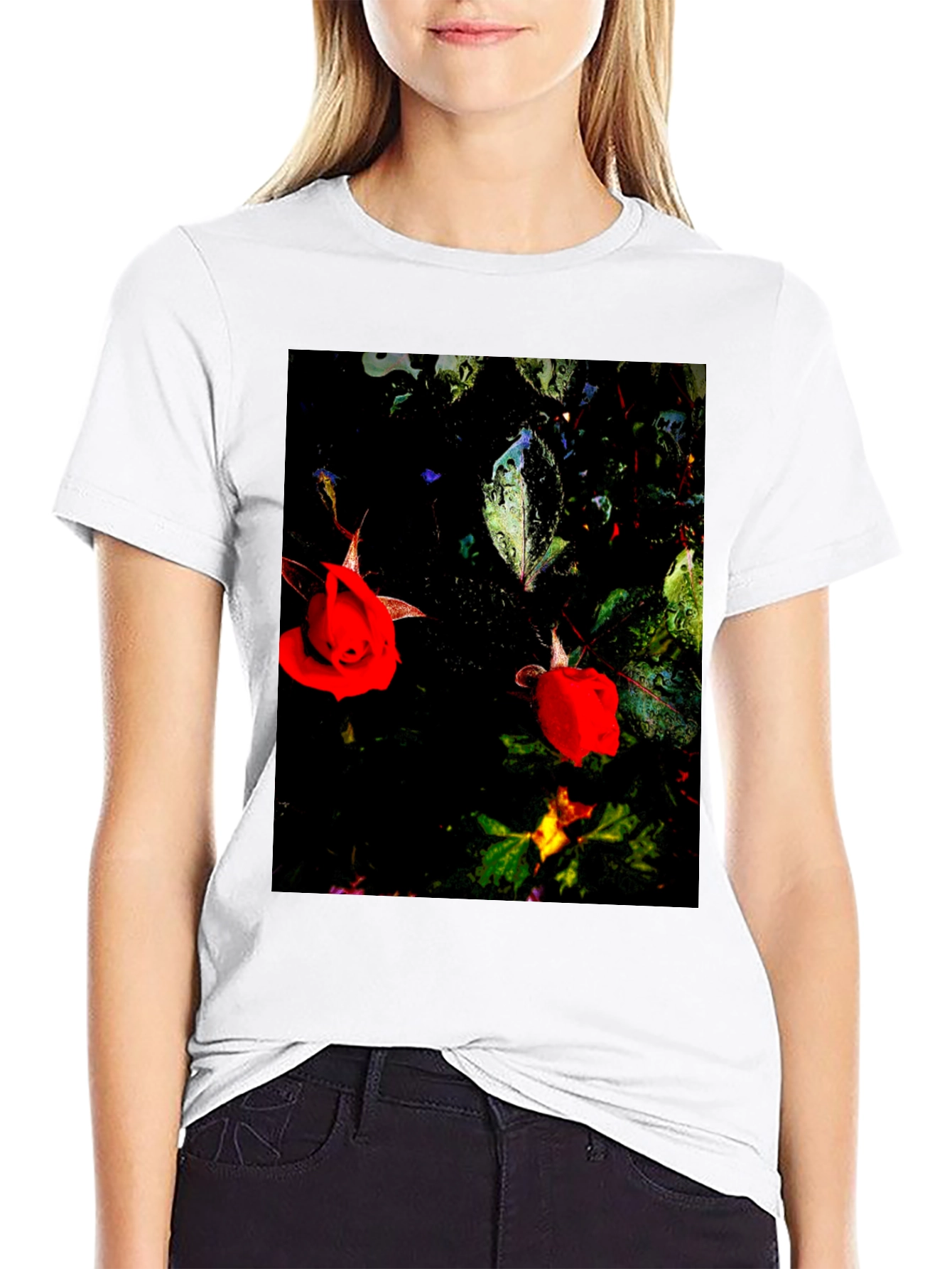 Floral T-Shirt - Black with Red Roses