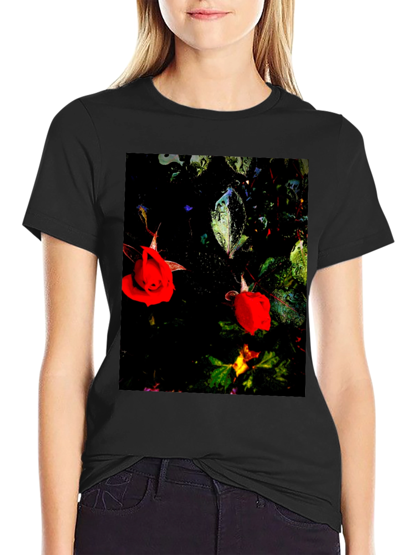 Floral T-Shirt - Black with Red Roses