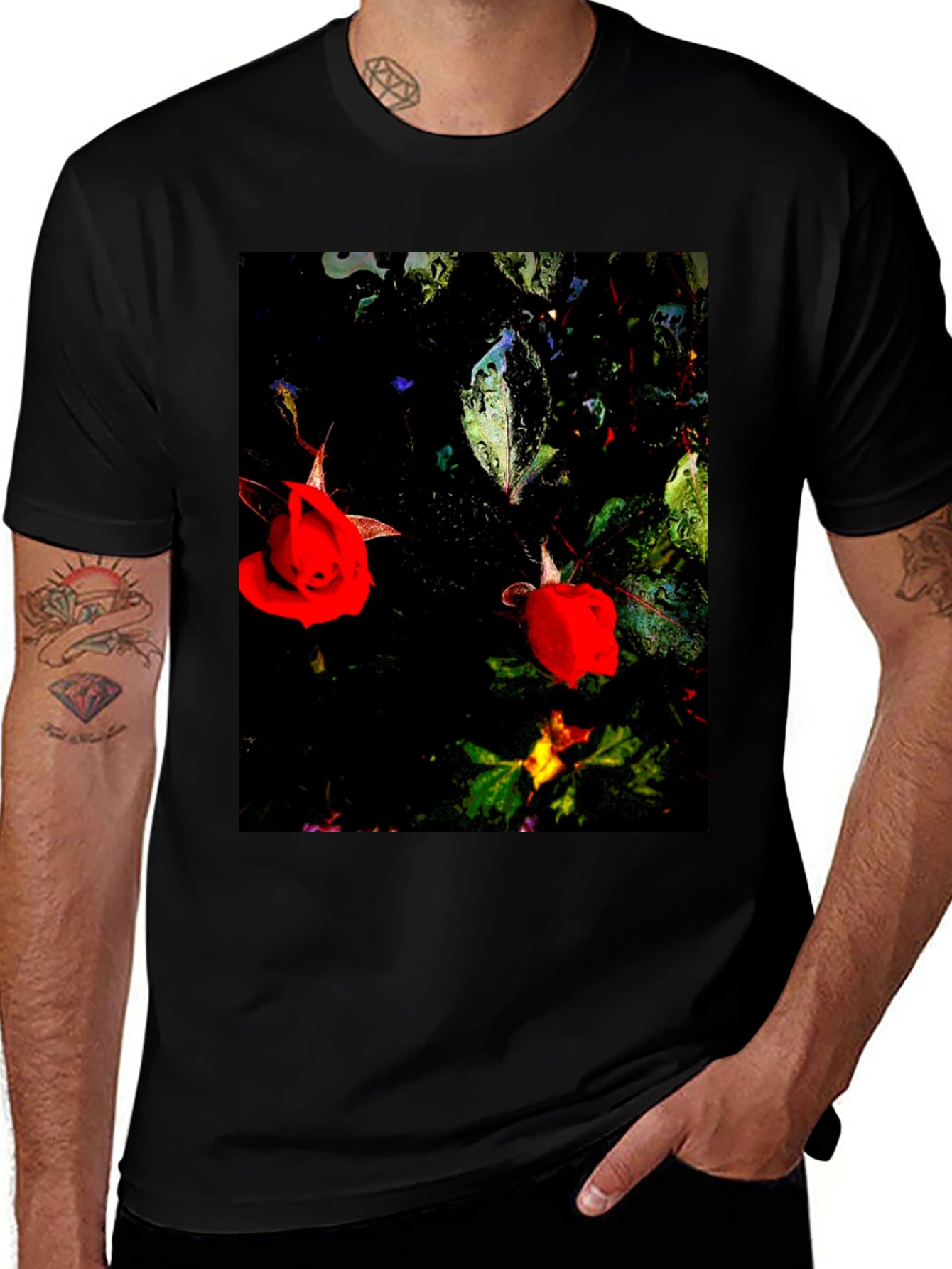 Floral T-Shirt - Black with Red Roses