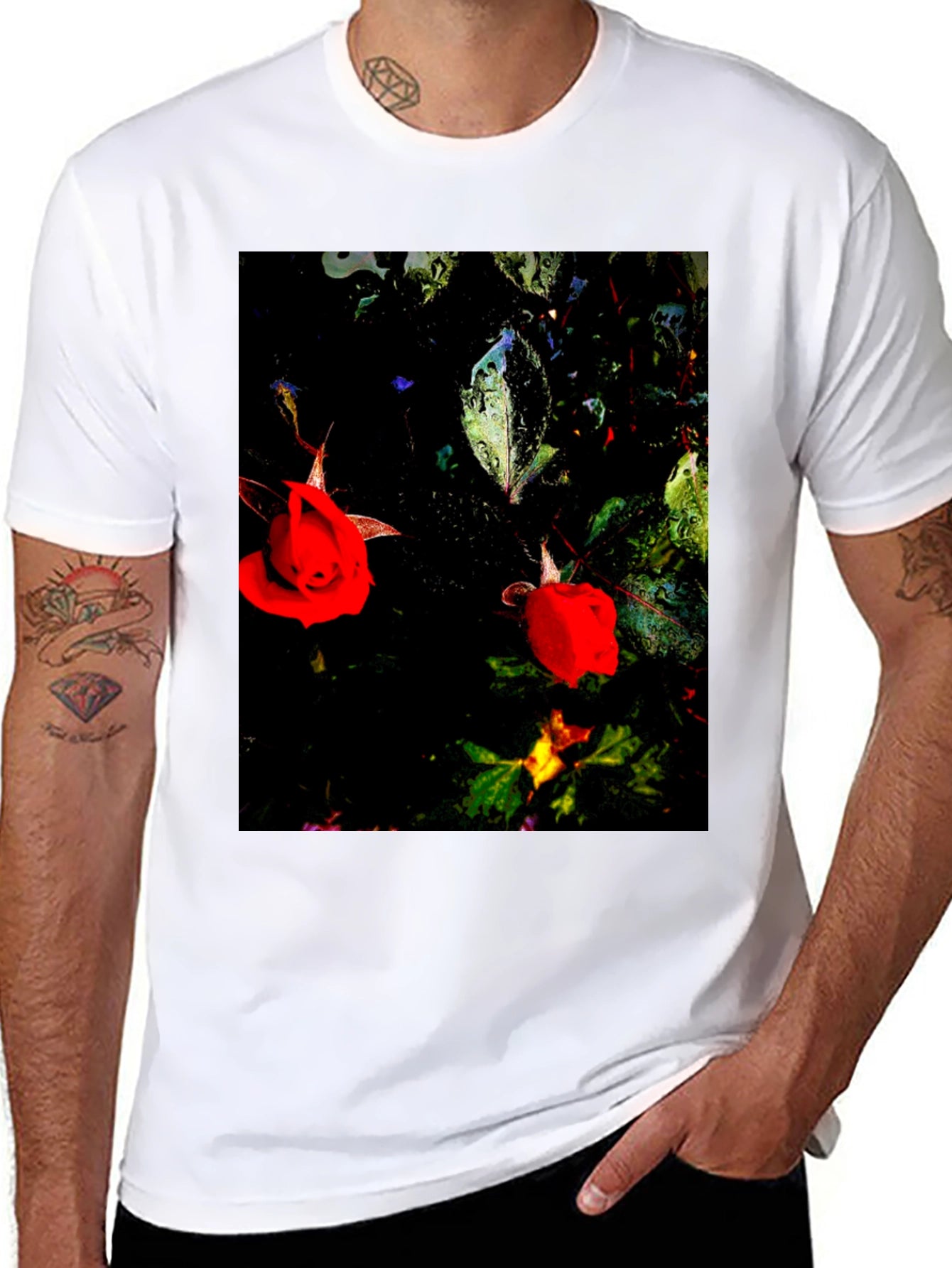 Floral T-Shirt - Black with Red Roses
