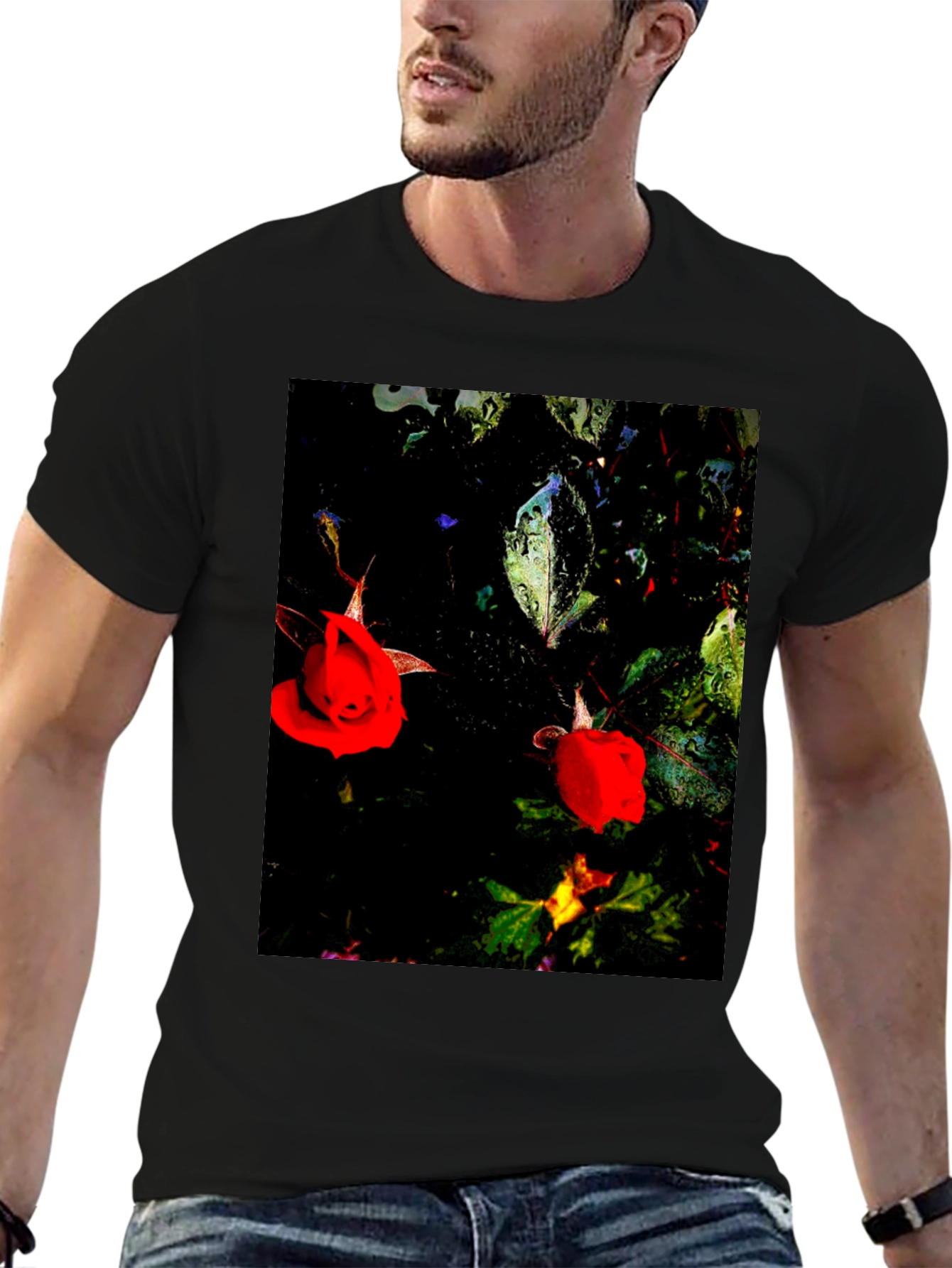 Floral T-Shirt - Black with Red Roses