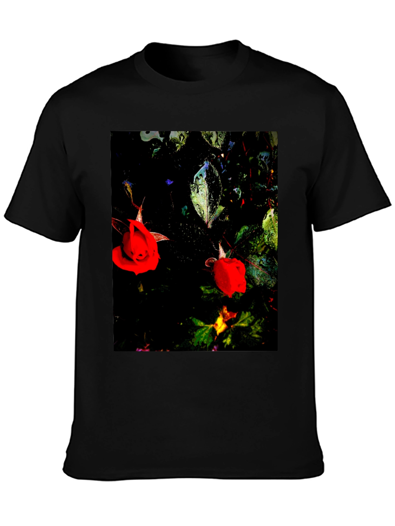 Floral T-Shirt - Black with Red Roses