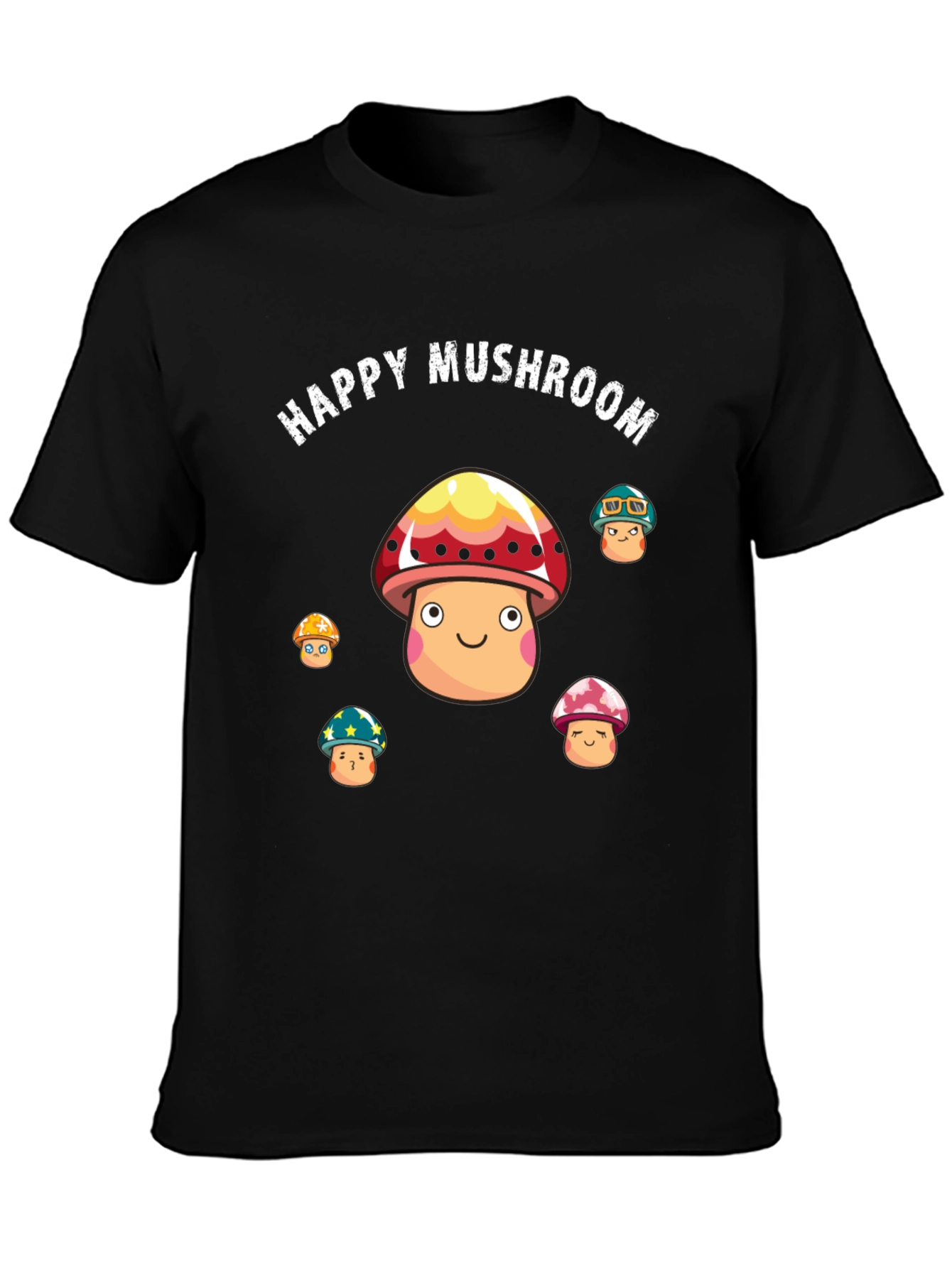 Happy Mushroom Graphic Print Black T-Shirt