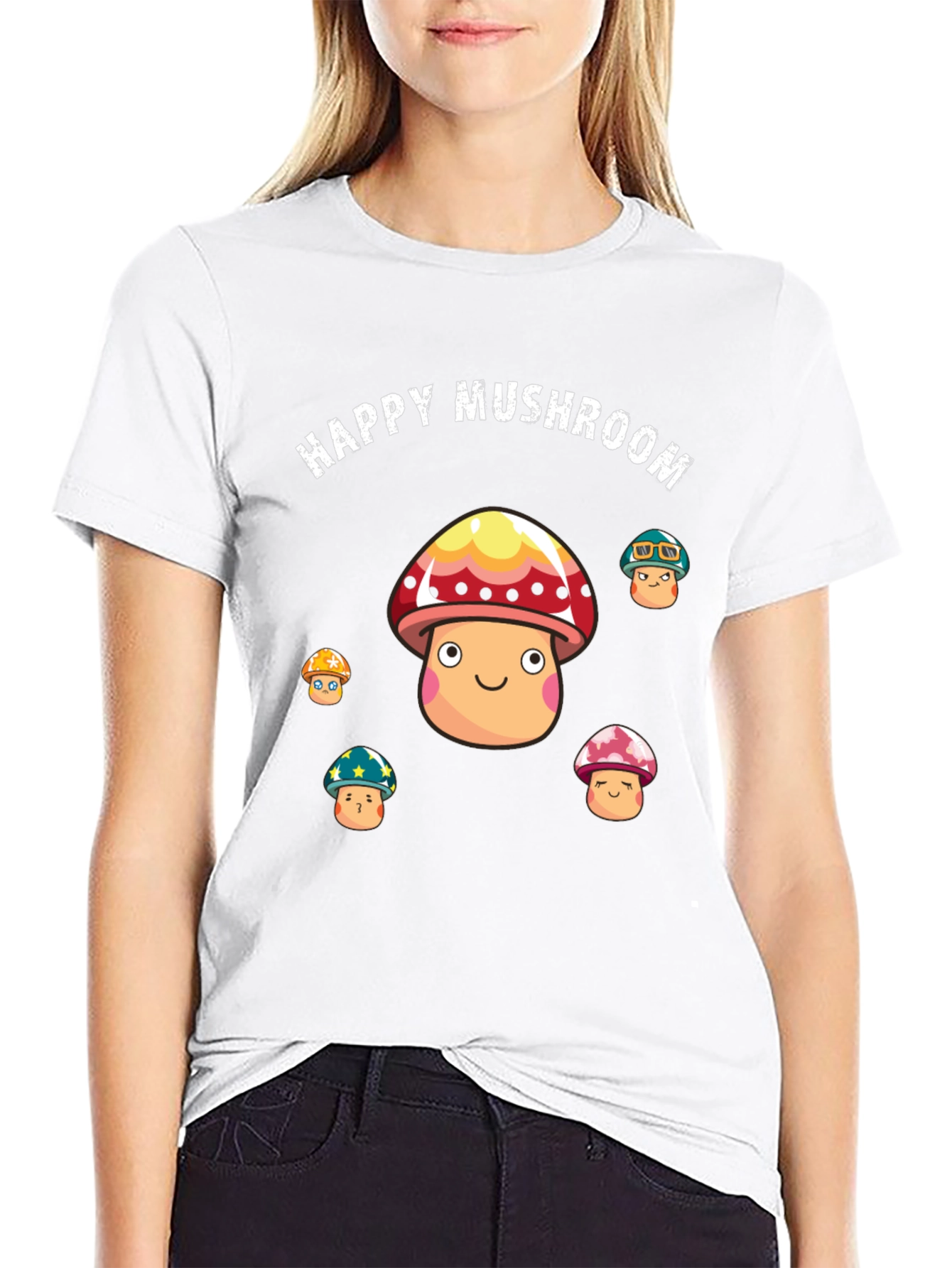Happy Mushroom Graphic Print Black T-Shirt