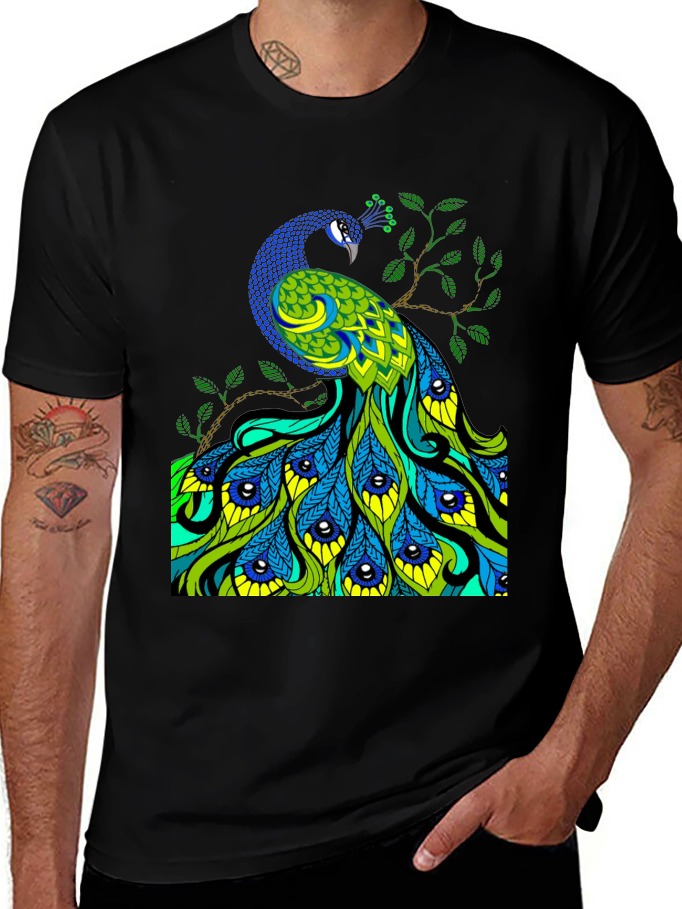 Peacock Graphic Print Black T-Shirt