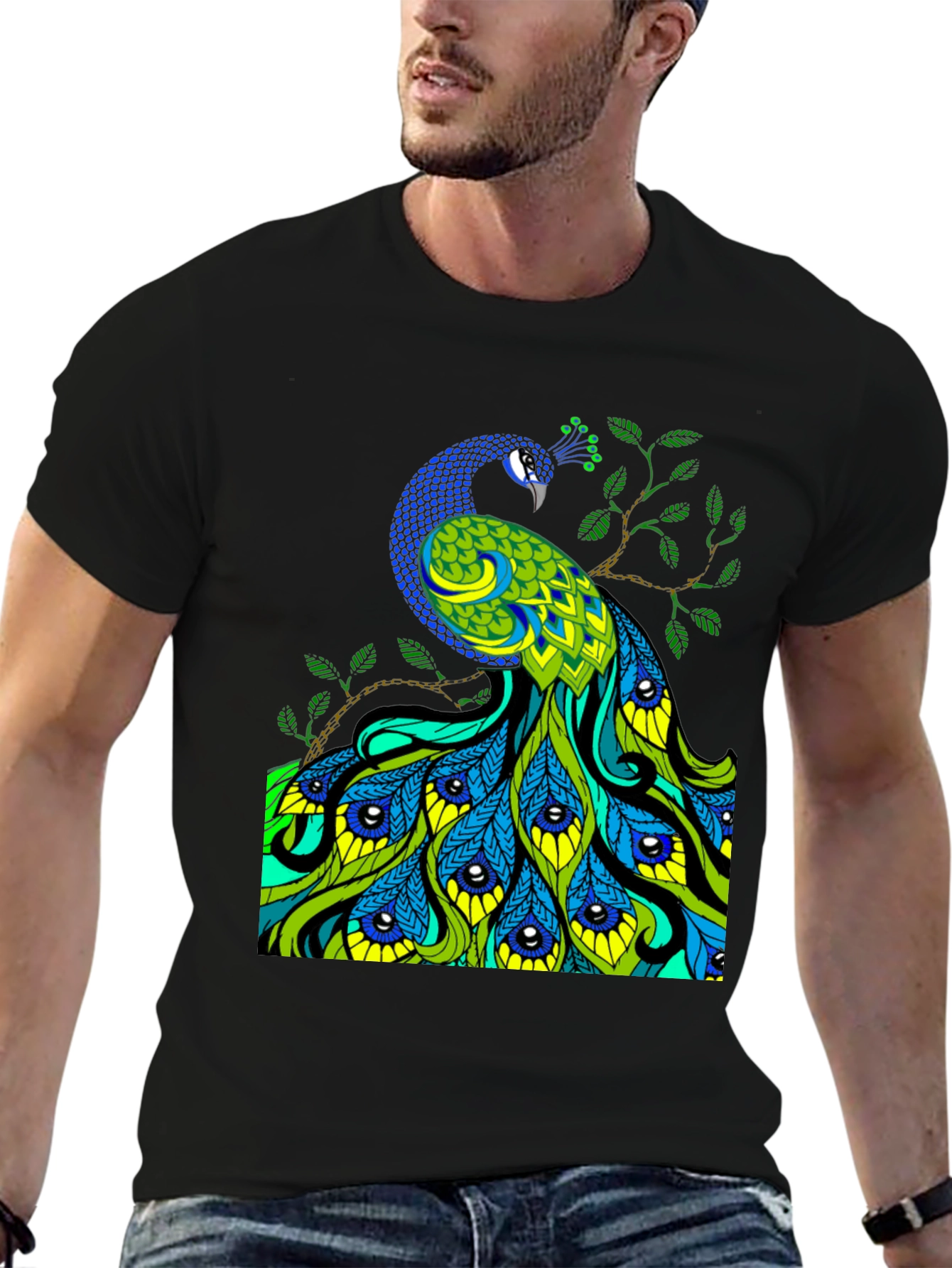 Peacock Graphic Print Black T-Shirt