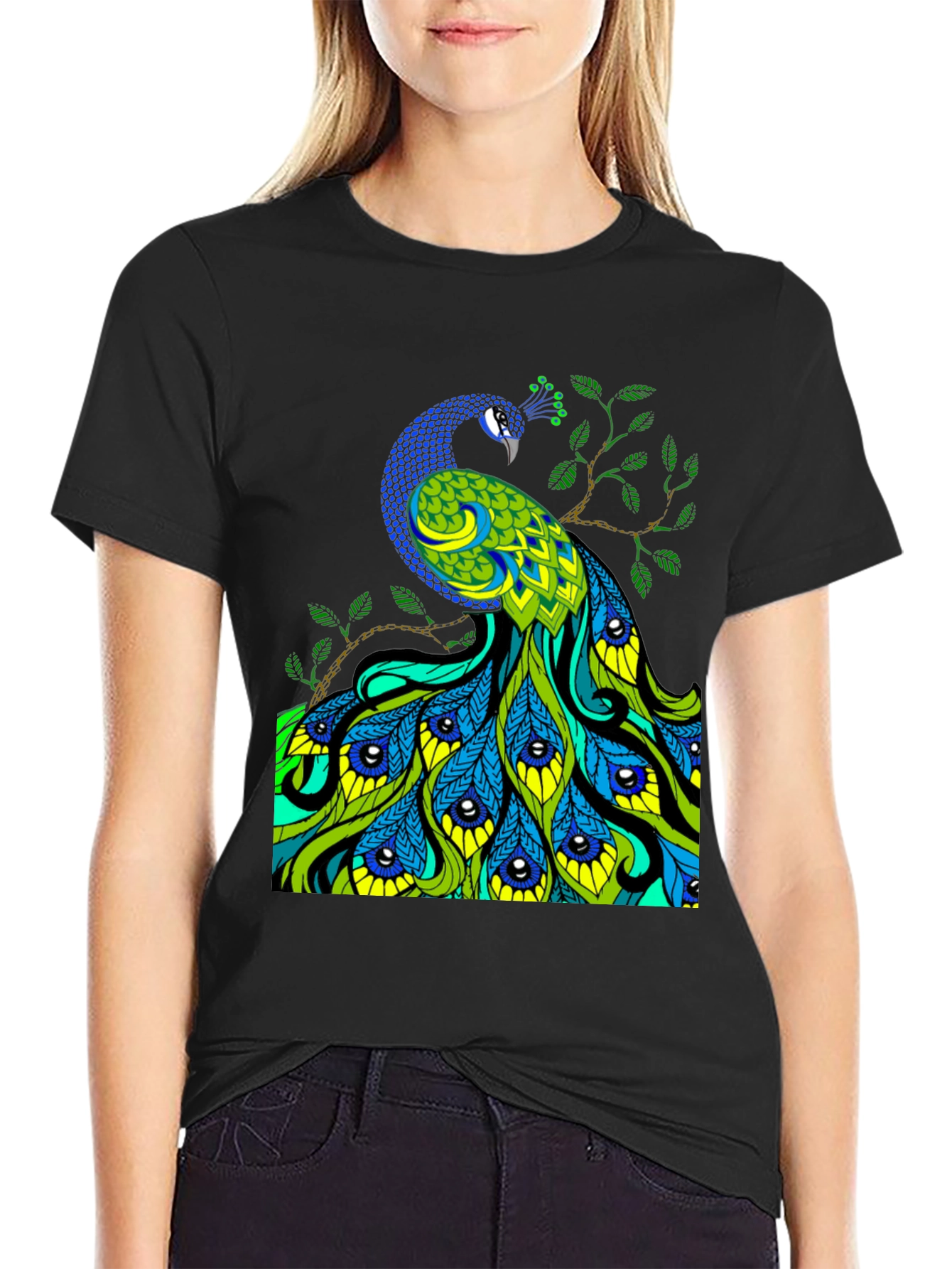 Peacock Graphic Print Black T-Shirt