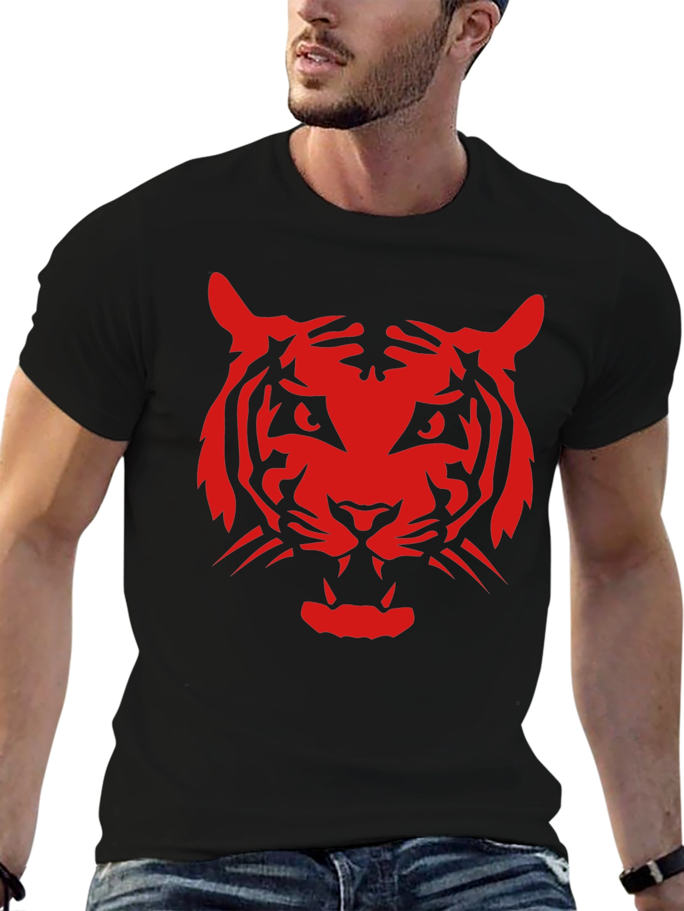Bold Red Tiger Graphic Black T-Shirt