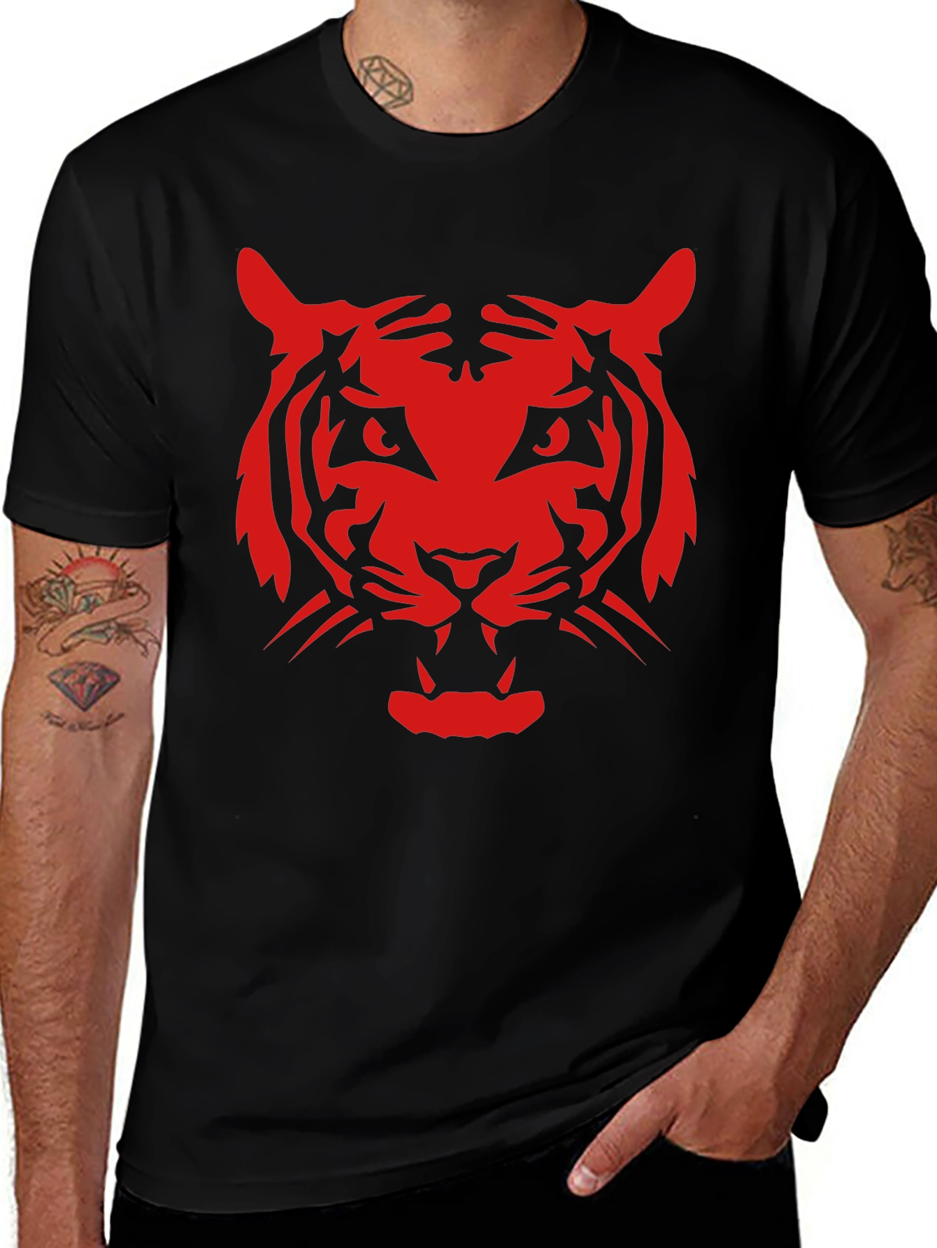Bold Red Tiger Graphic Black T-Shirt