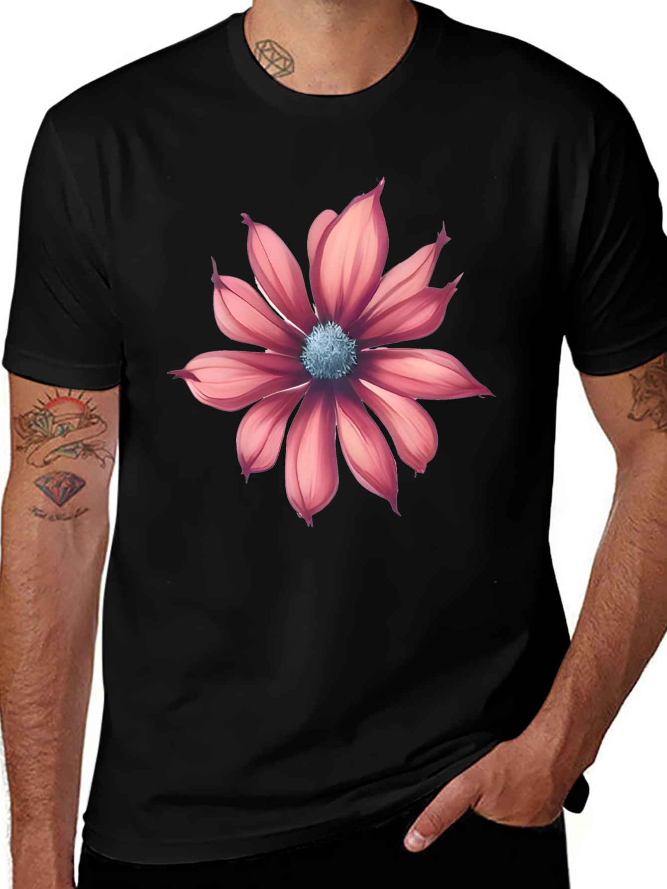 Black T-Shirt with Pink Flower Graphic