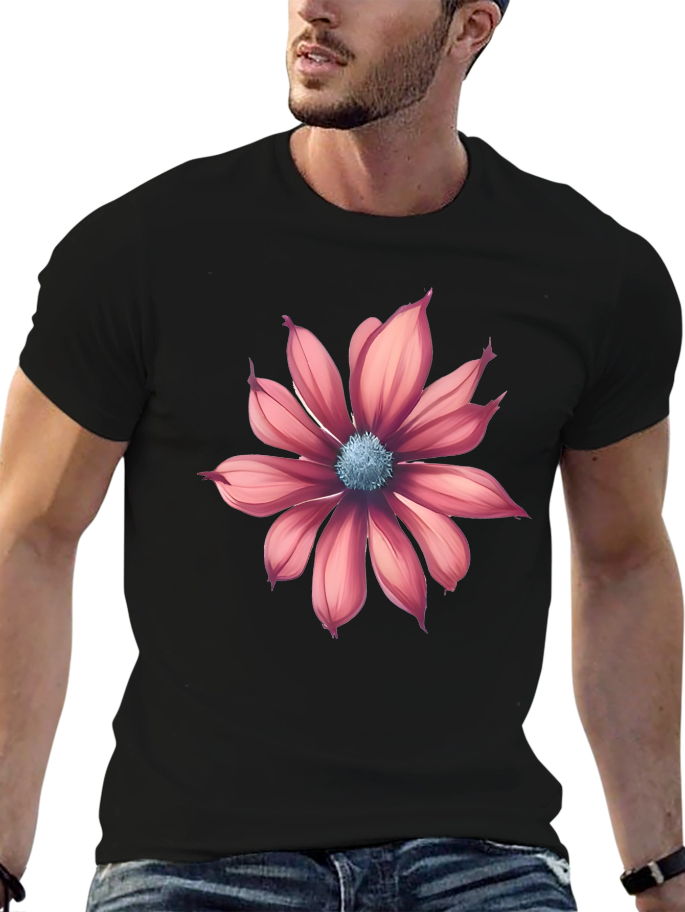 Black T-Shirt with Pink Flower Graphic
