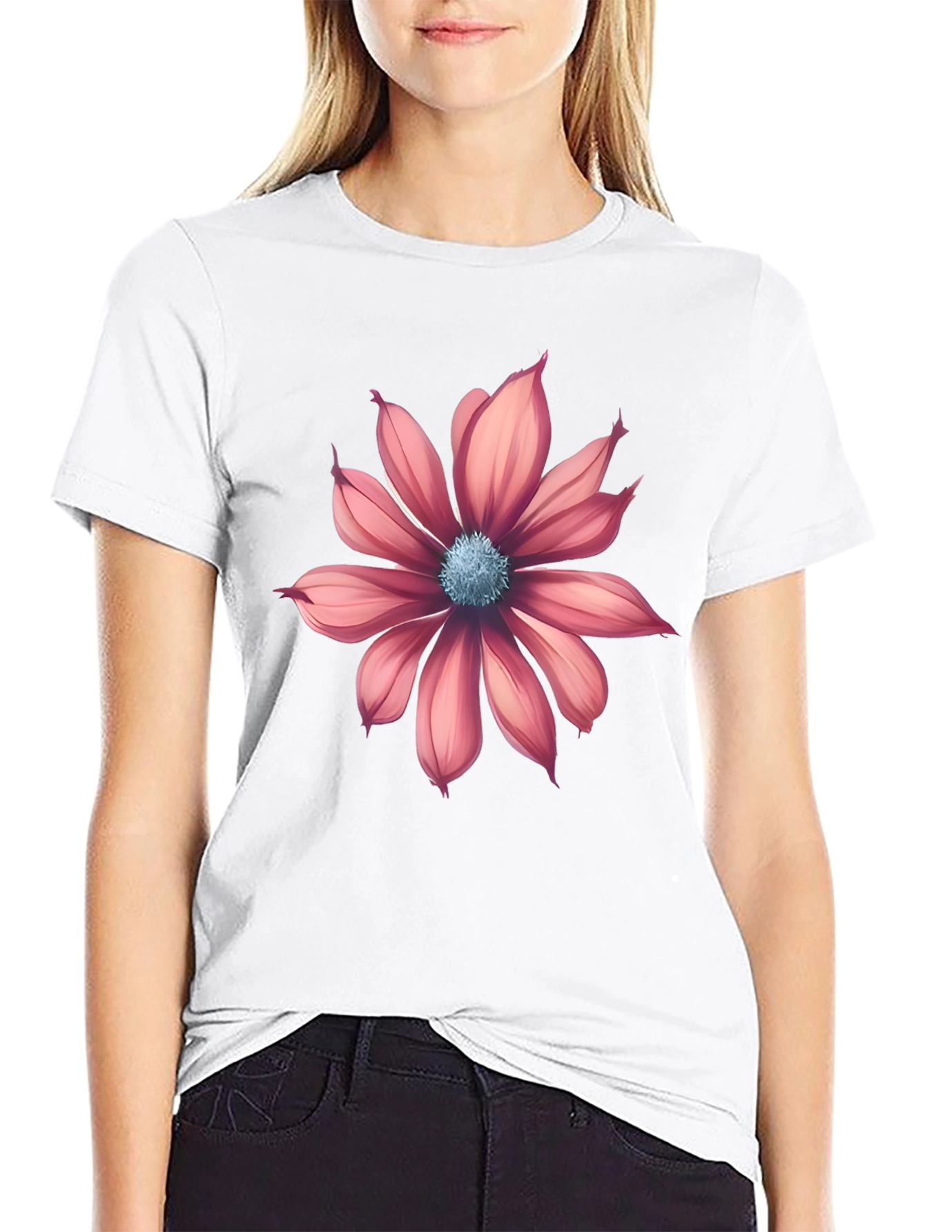 Black T-Shirt with Pink Flower Graphic