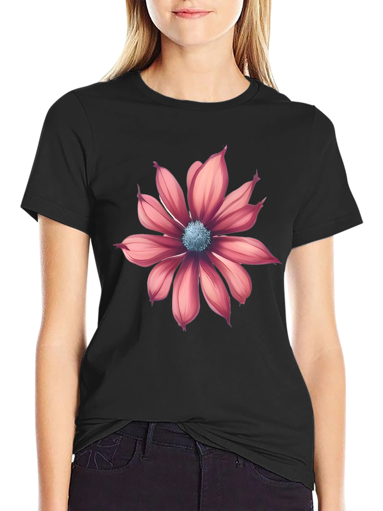 Black T-Shirt with Pink Flower Graphic