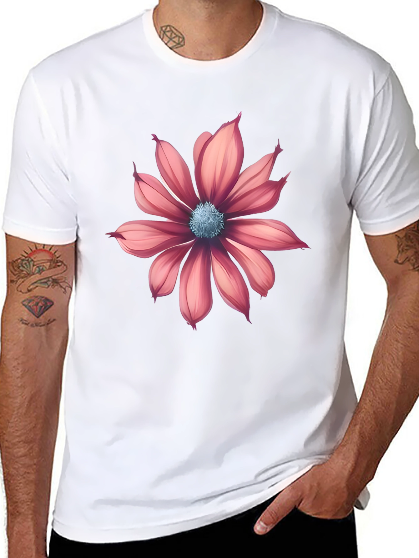 Black T-Shirt with Pink Flower Graphic
