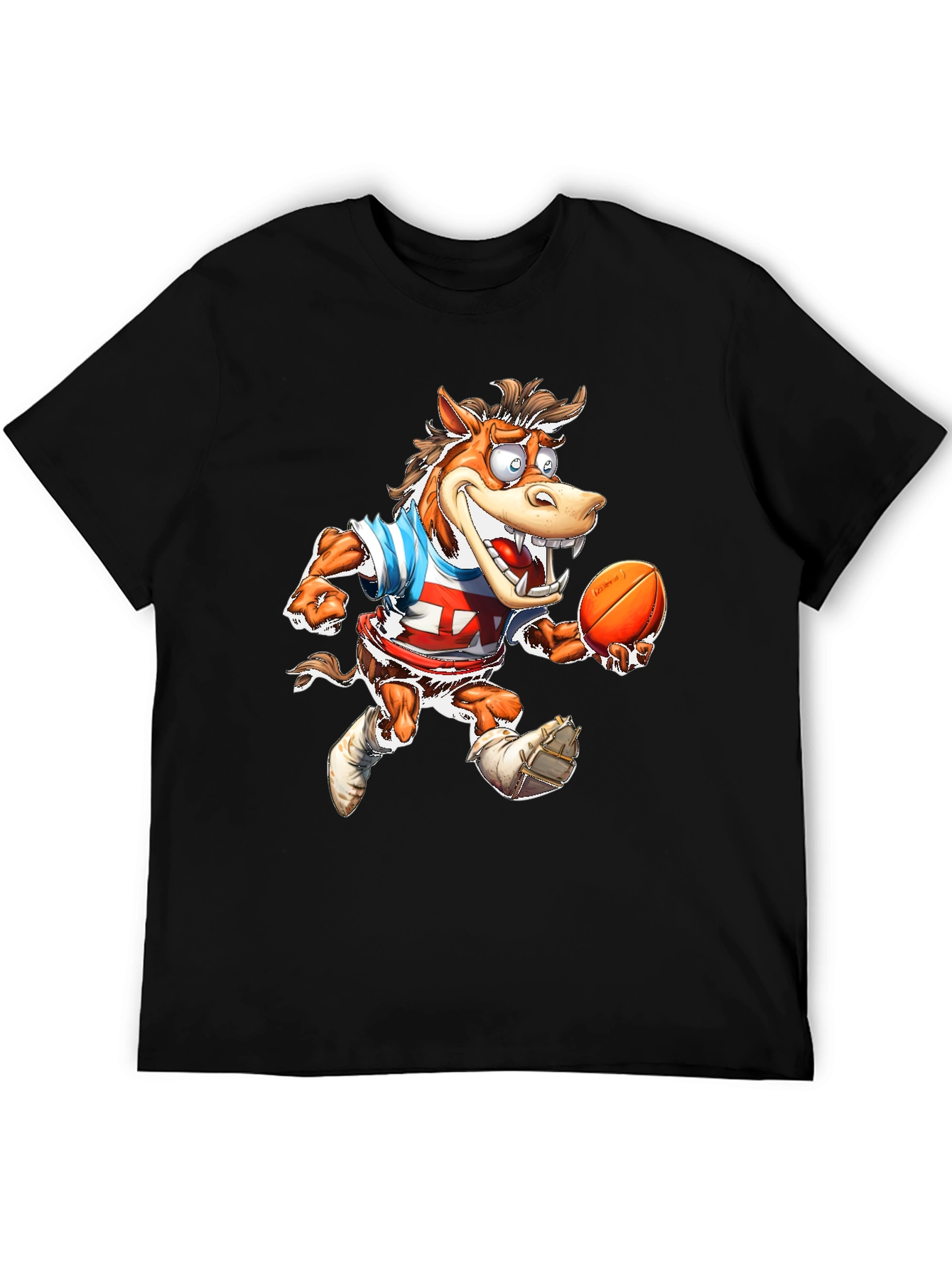 Cartoon Horse Football T-Shirt - Black Cotton Tee