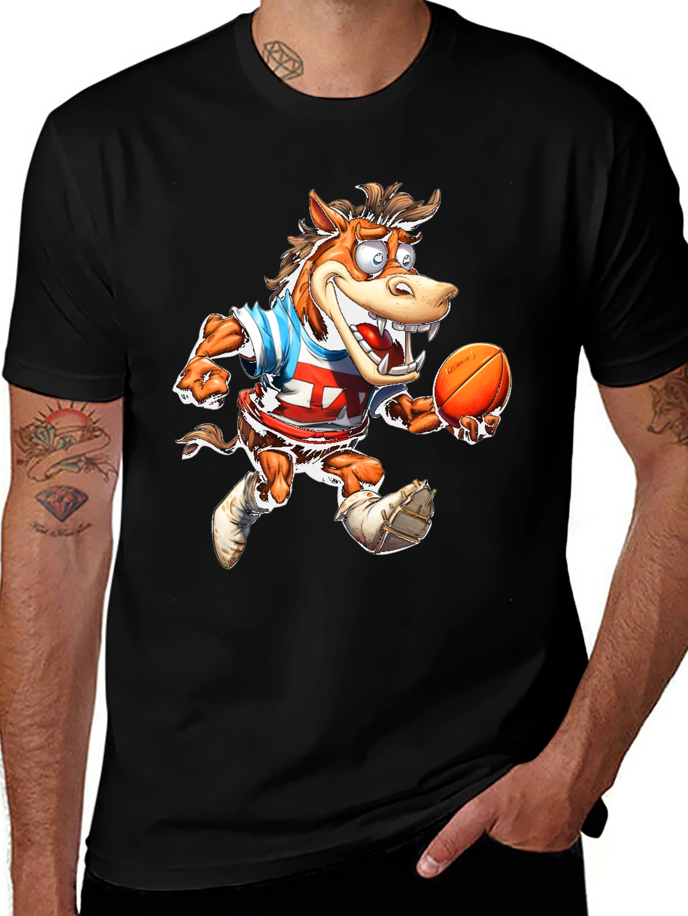 Cartoon Horse Football T-Shirt - Black Cotton Tee