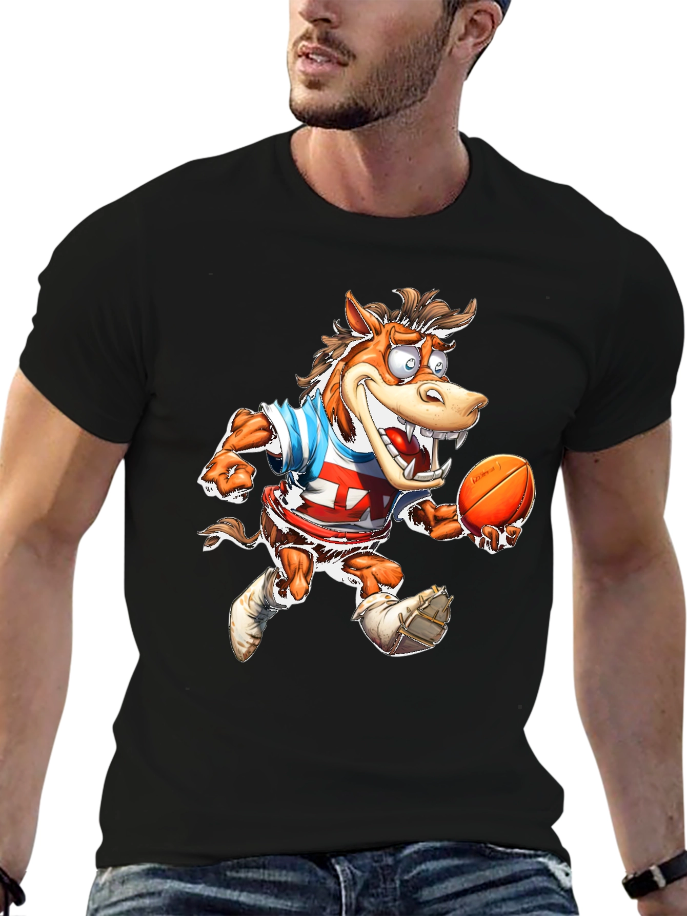 Cartoon Horse Football T-Shirt - Black Cotton Tee