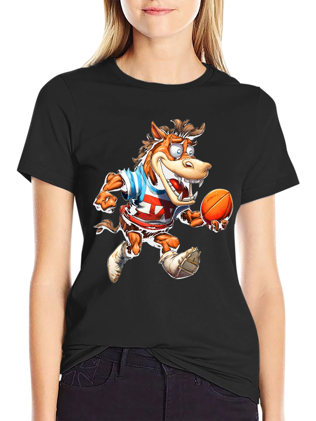 Cartoon Horse Football T-Shirt - Black Cotton Tee