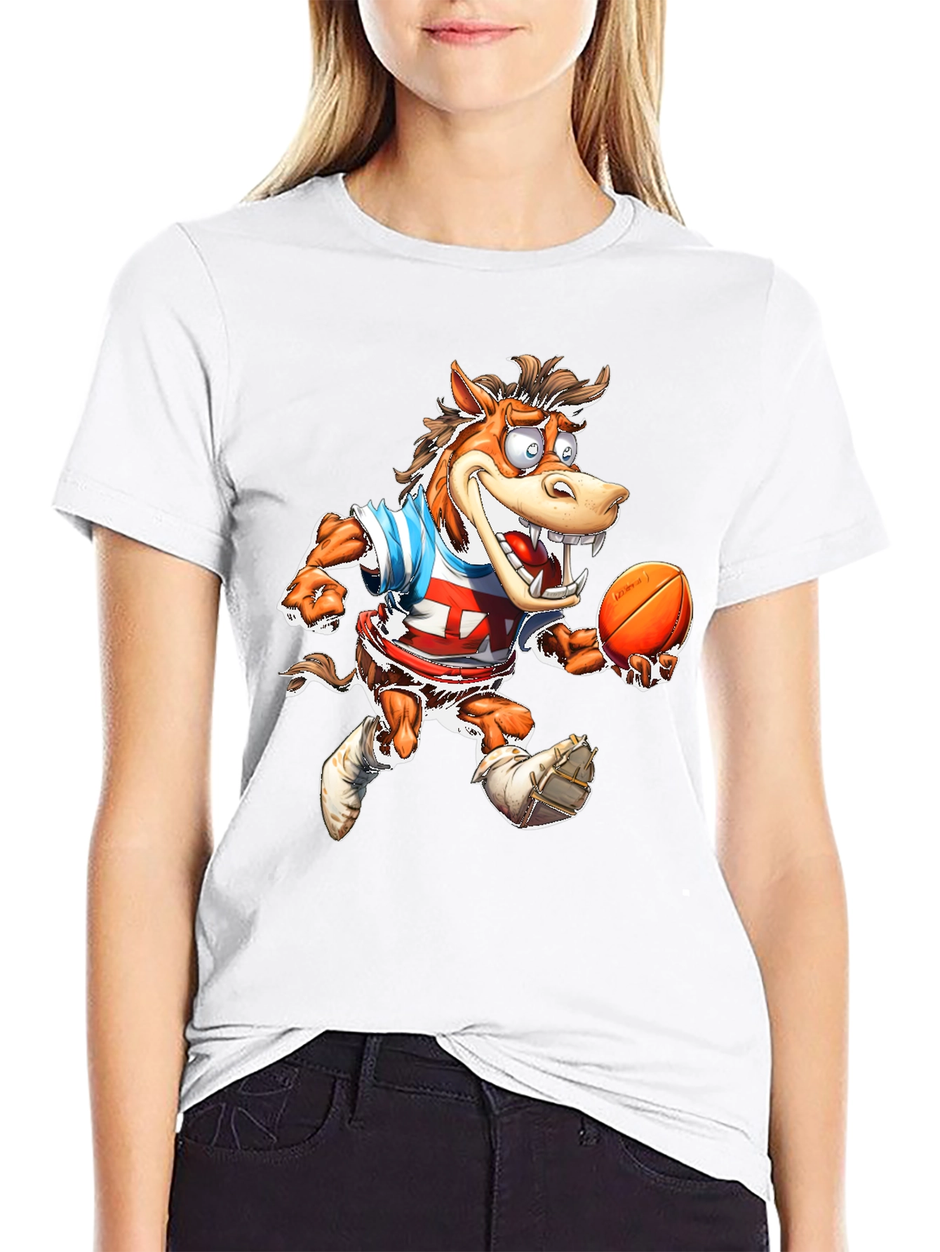 Cartoon Horse Football T-Shirt - Black Cotton Tee