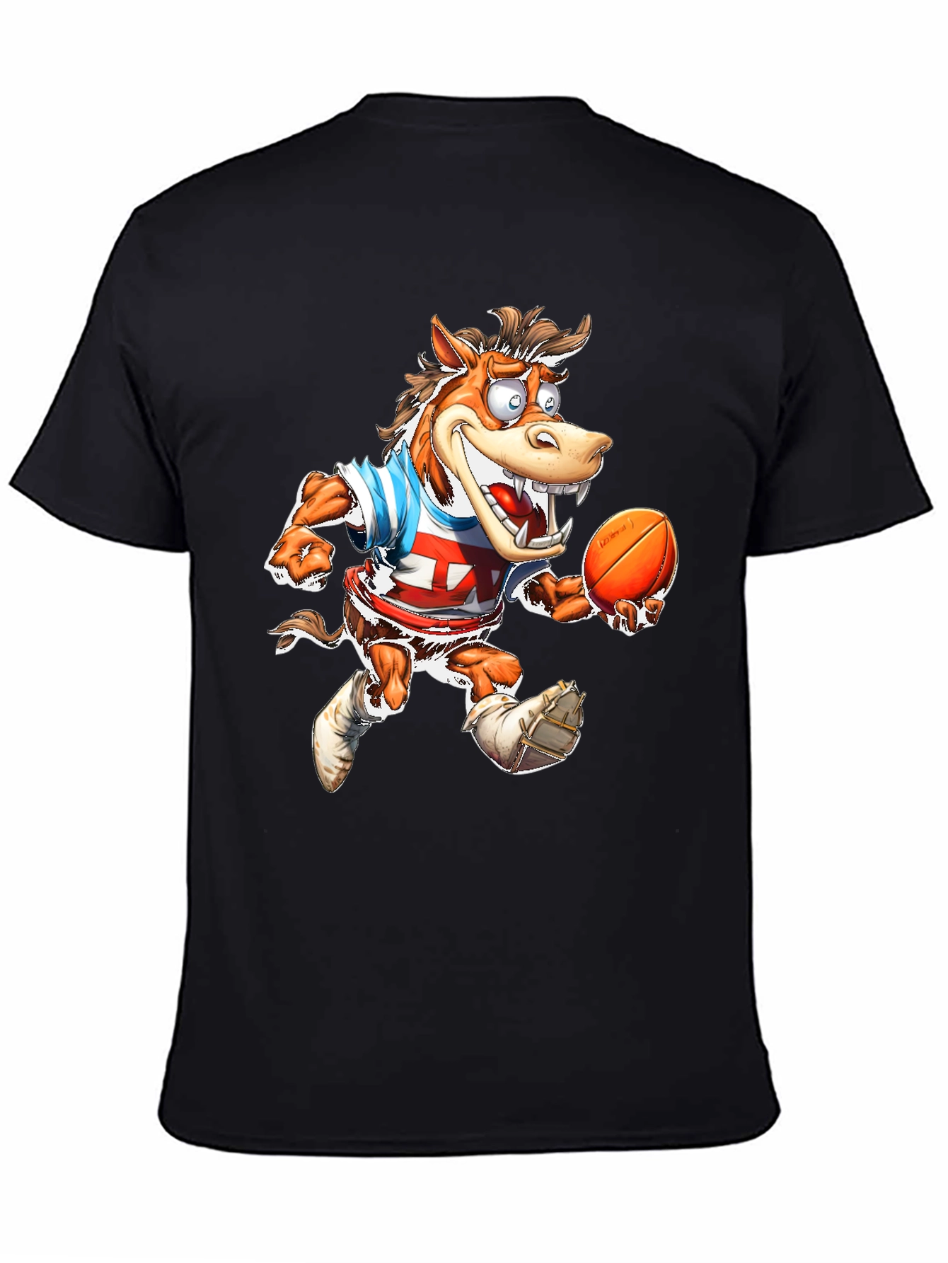 Cartoon Horse Football T-Shirt - Black Cotton Tee