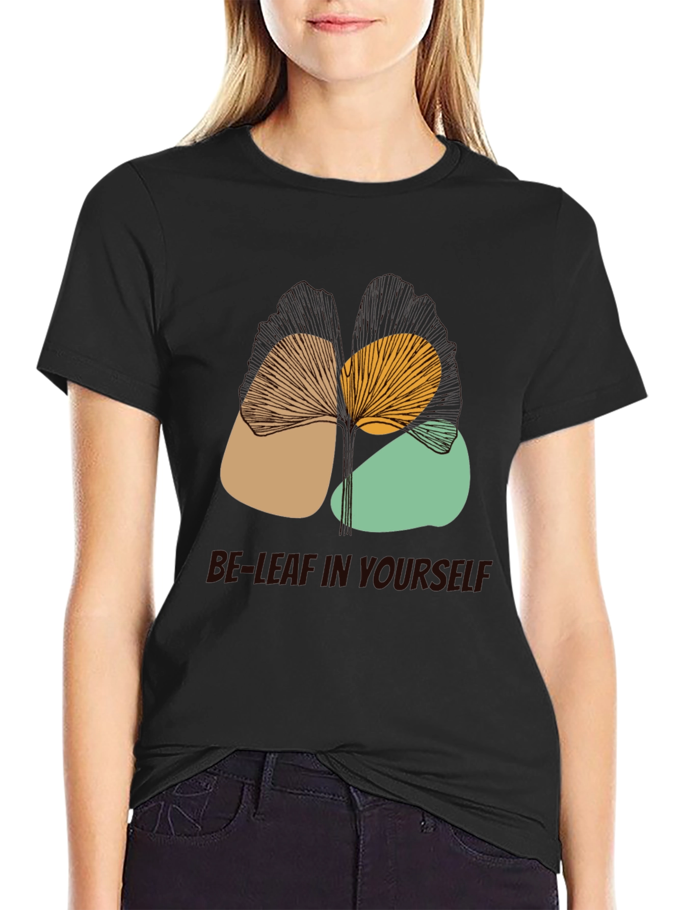 Abstract Leaf Design Black Graphic T-Shirt