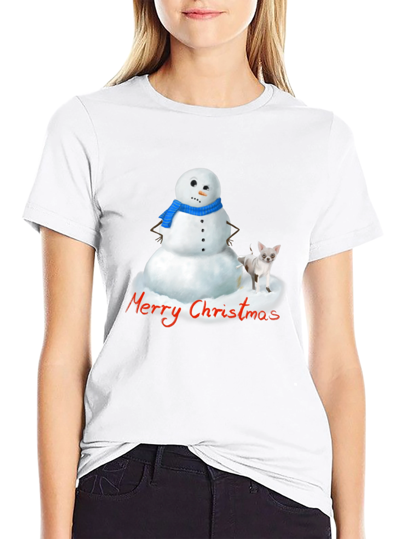 Merry Christmas Snowman & Chihuahua Graphic T-Shirt