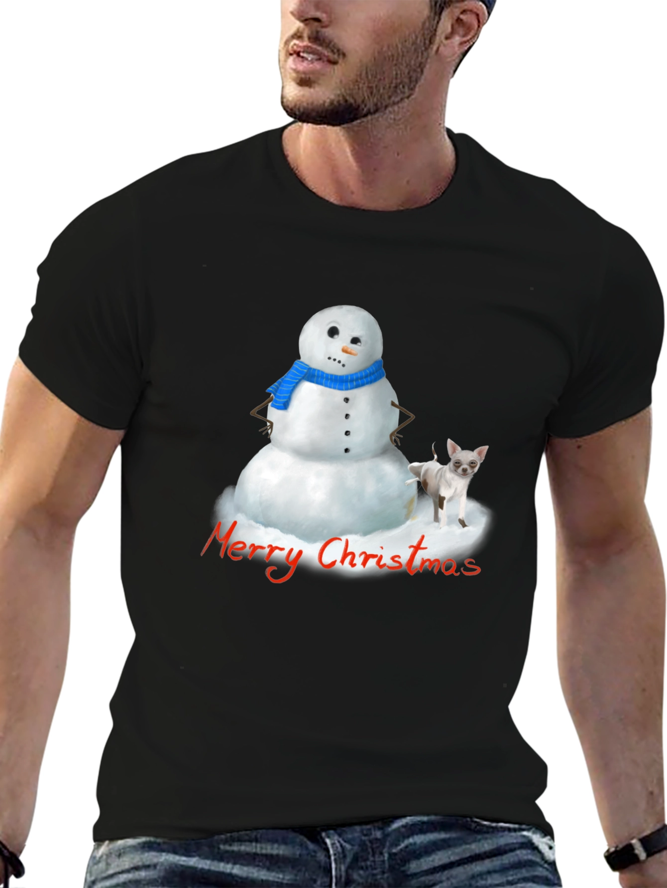 Merry Christmas Snowman & Chihuahua Graphic T-Shirt