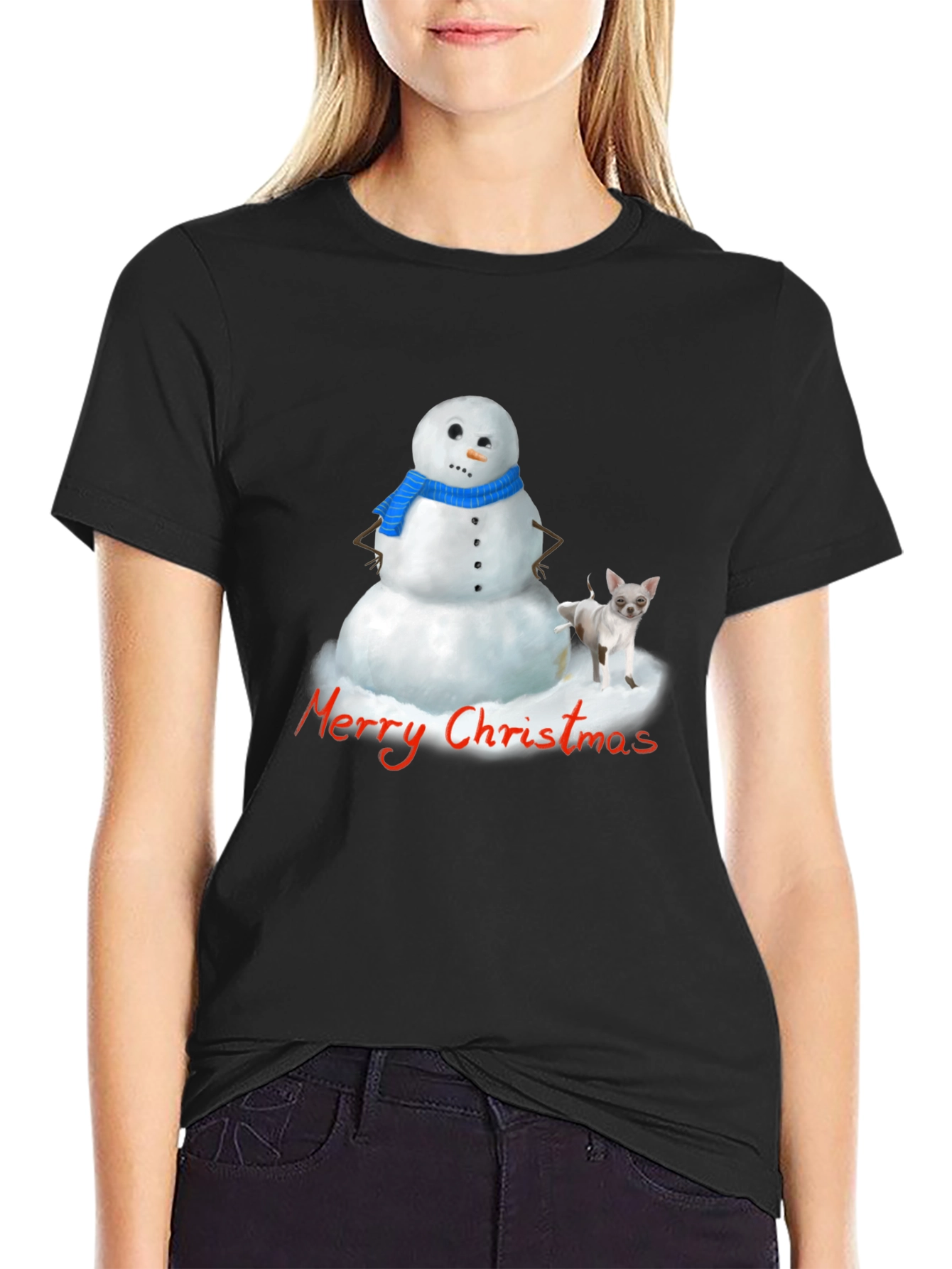 Merry Christmas Snowman & Chihuahua Graphic T-Shirt