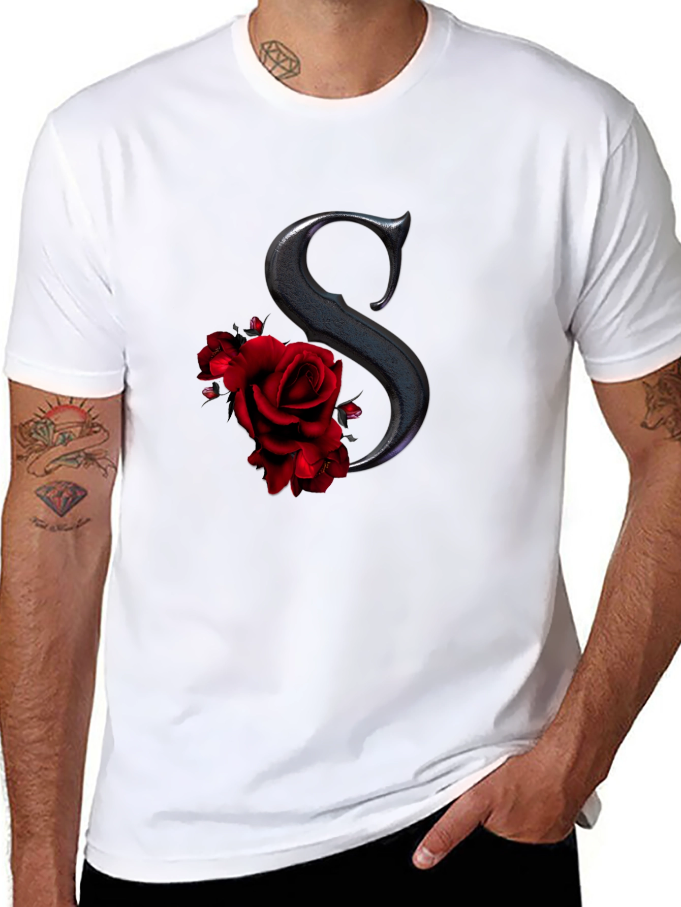 Rose Initial Tee - Elegant Letter S Shirt