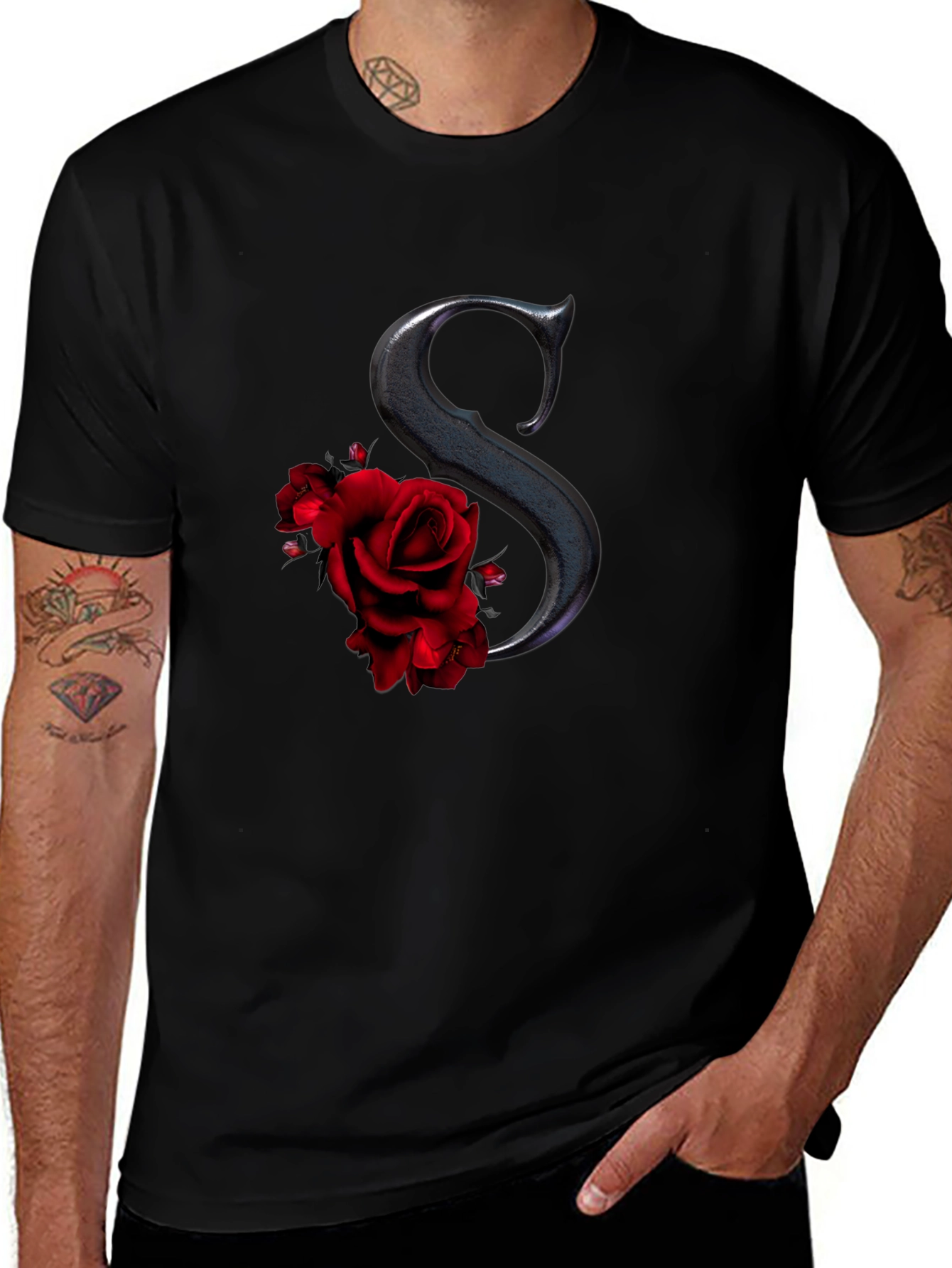 Rose Initial Tee - Elegant Letter S Shirt