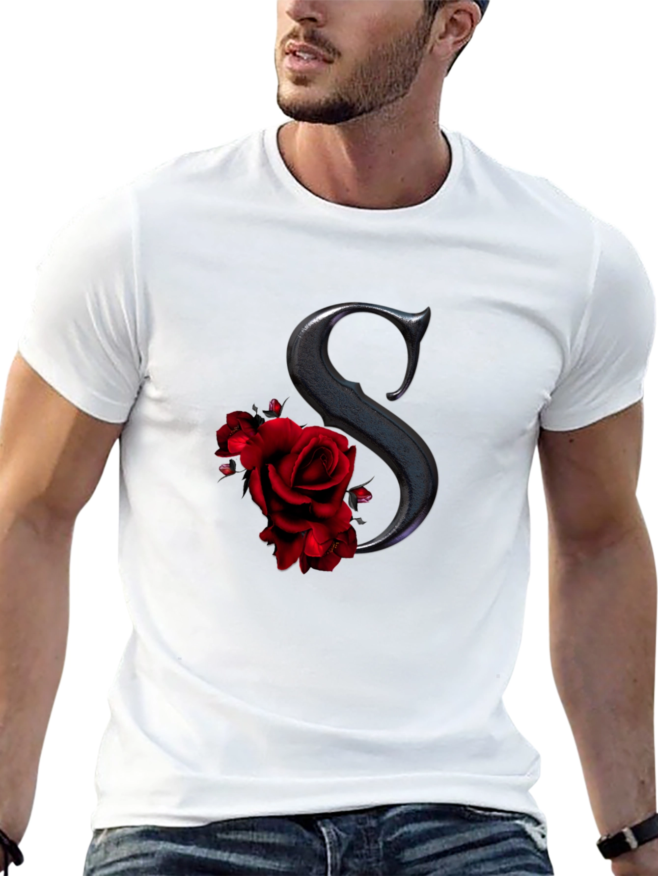 Rose Initial Tee - Elegant Letter S Shirt