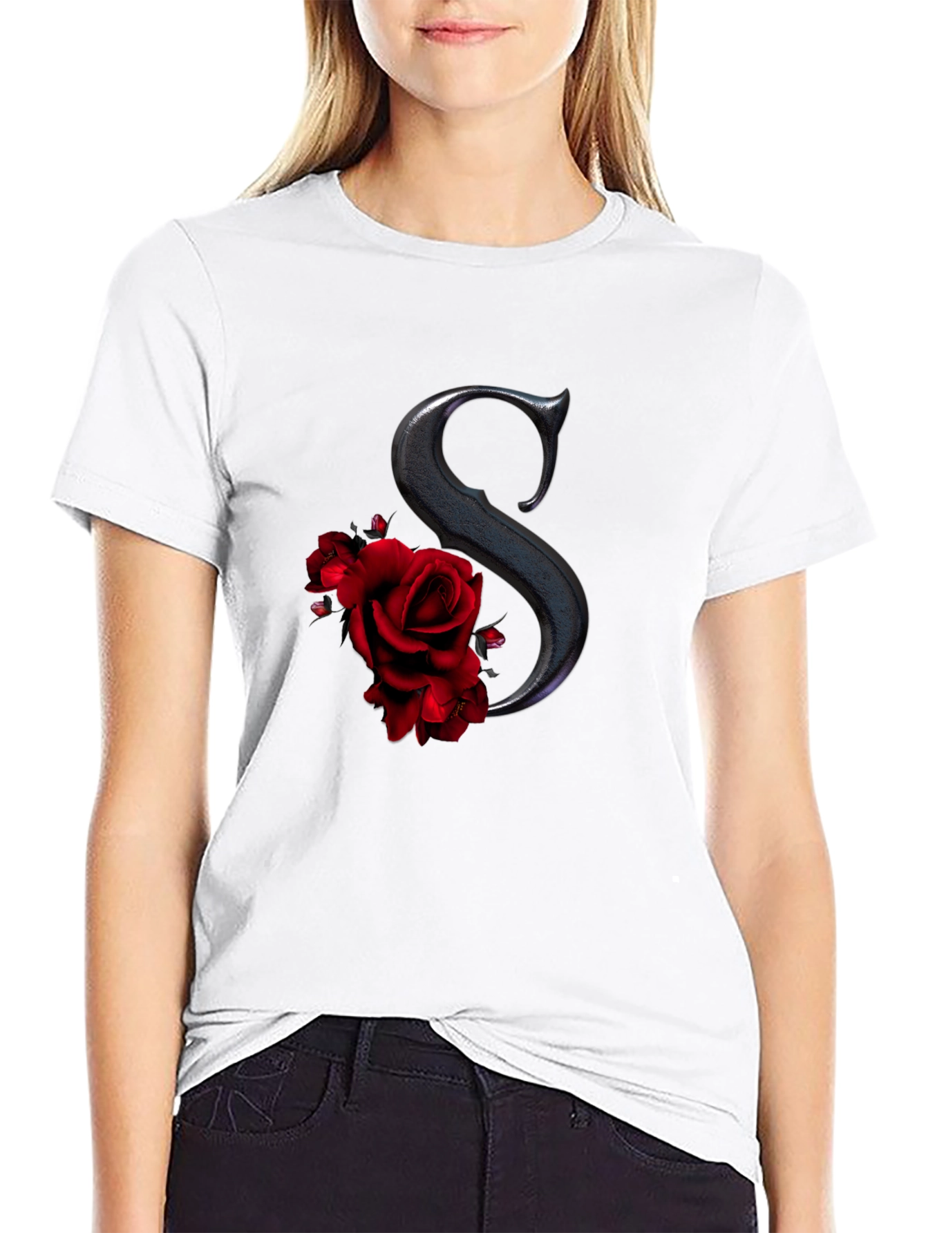 Rose Initial Tee - Elegant Letter S Shirt