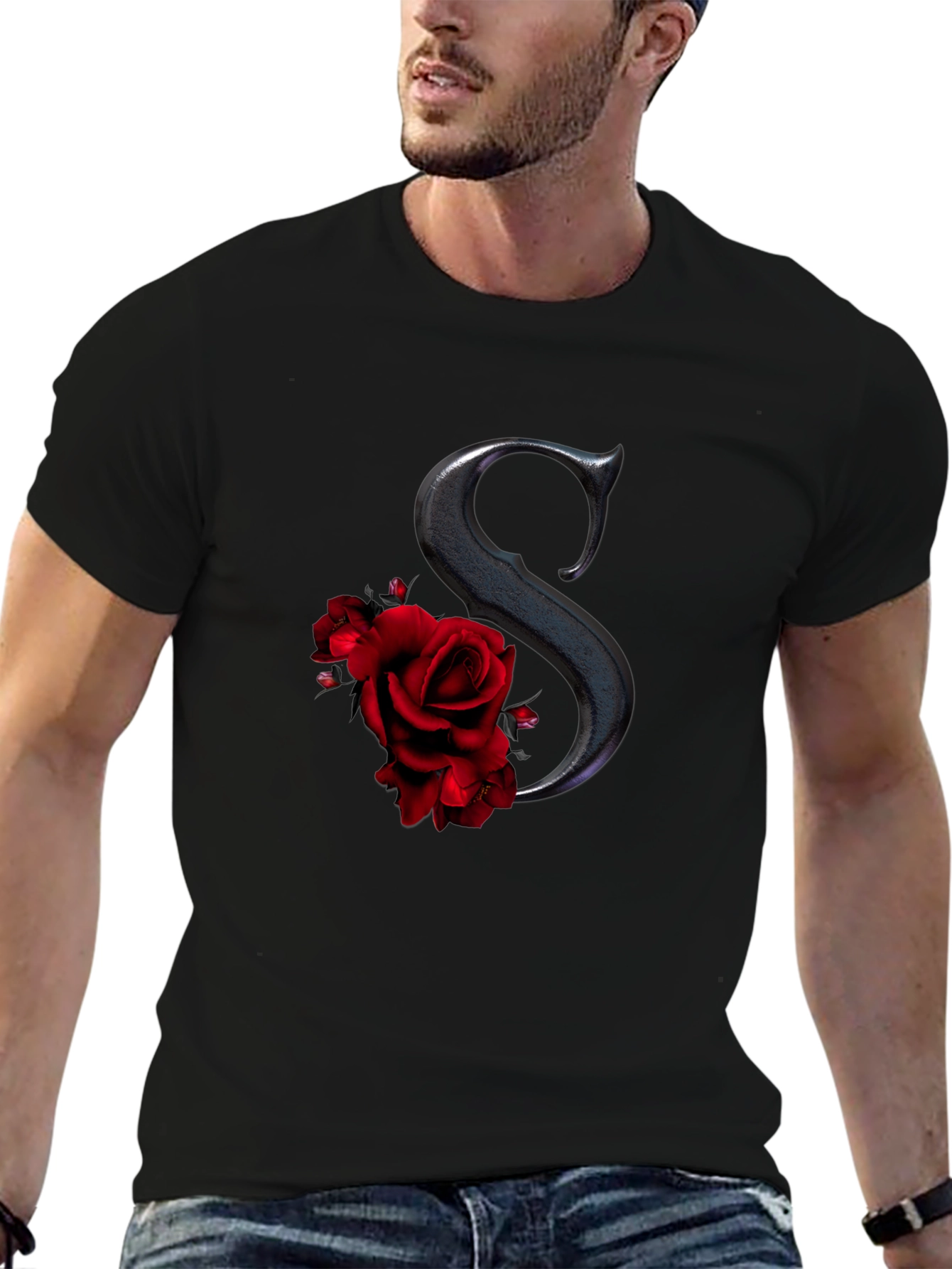 Rose Initial Tee - Elegant Letter S Shirt