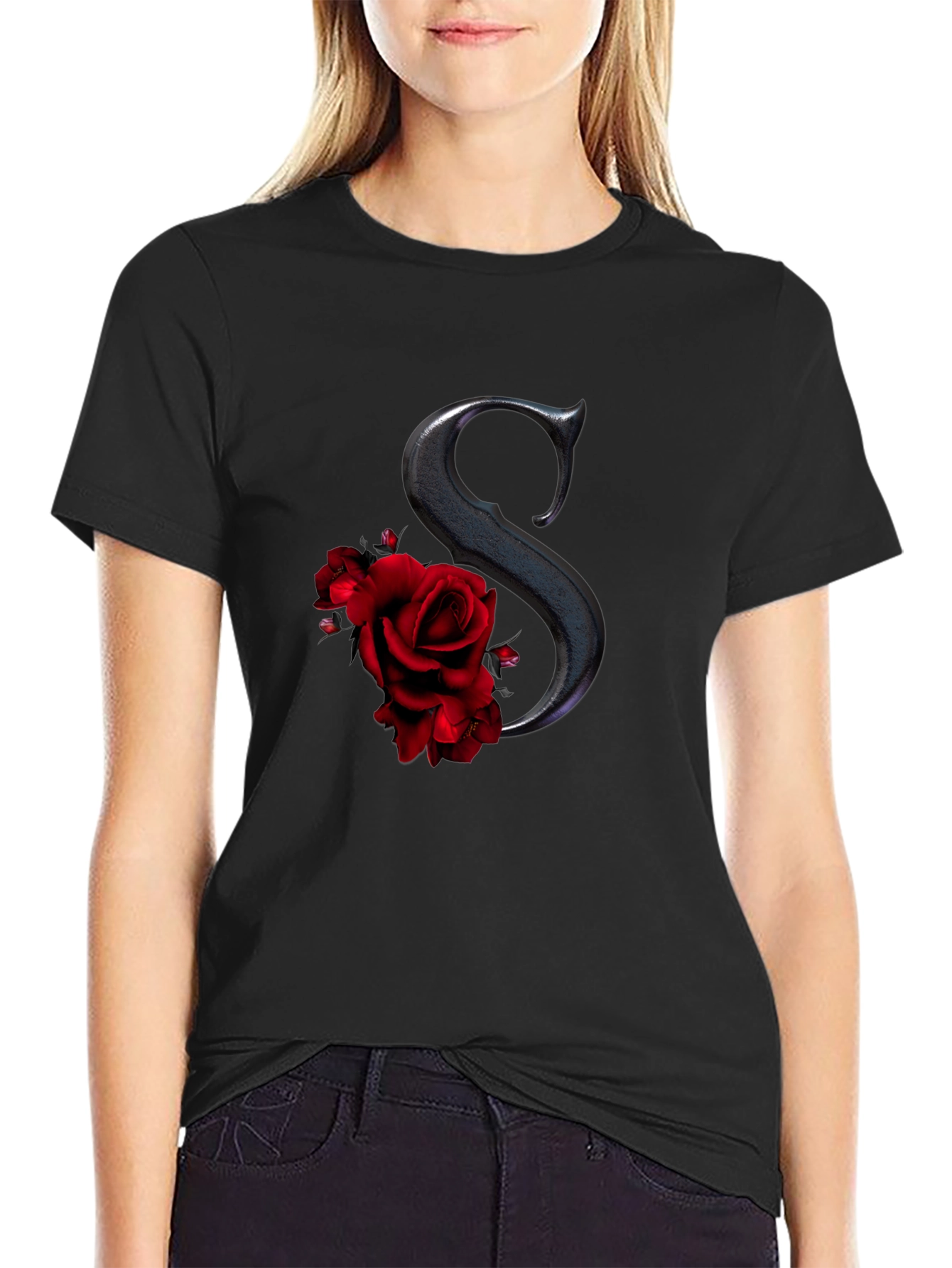 Rose Initial Tee - Elegant Letter S Shirt