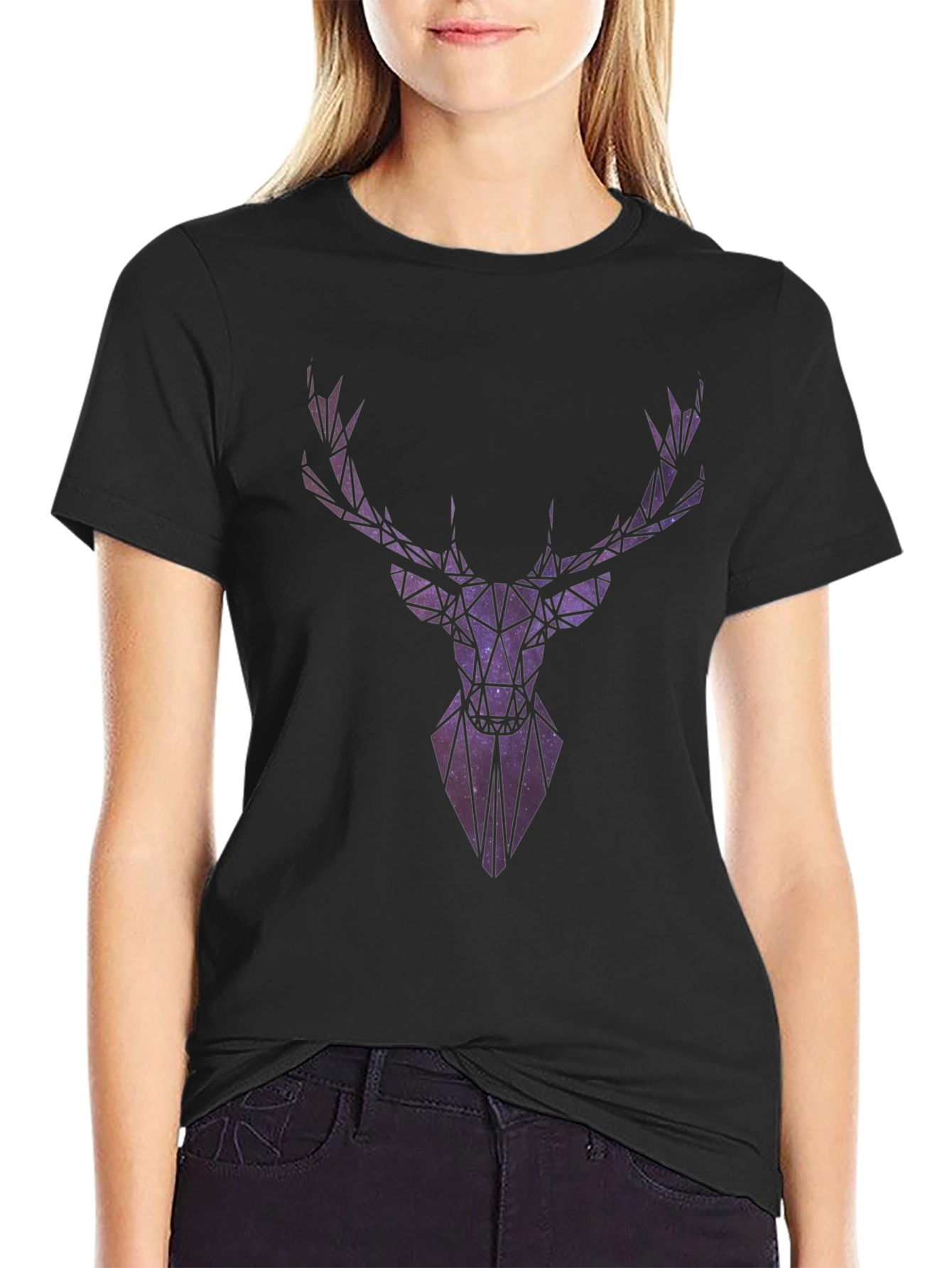 Geometric Galaxy Deer Head Graphic T-Shirt