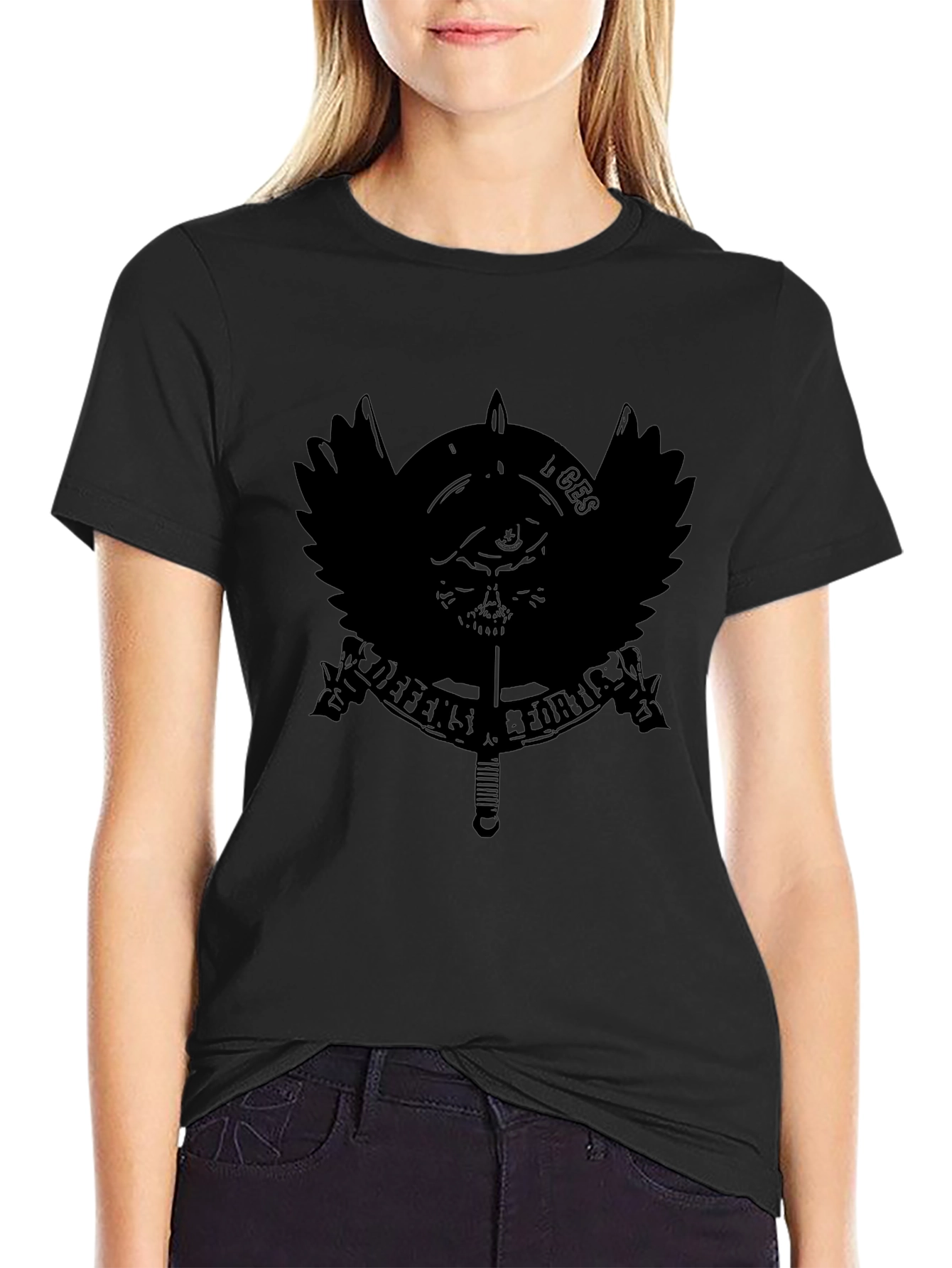 Mens Black Graphic Tee - Military Skull Design
