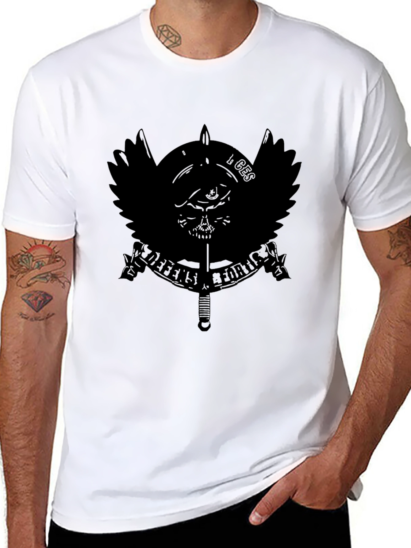 Mens Black Graphic Tee - Military Skull Design