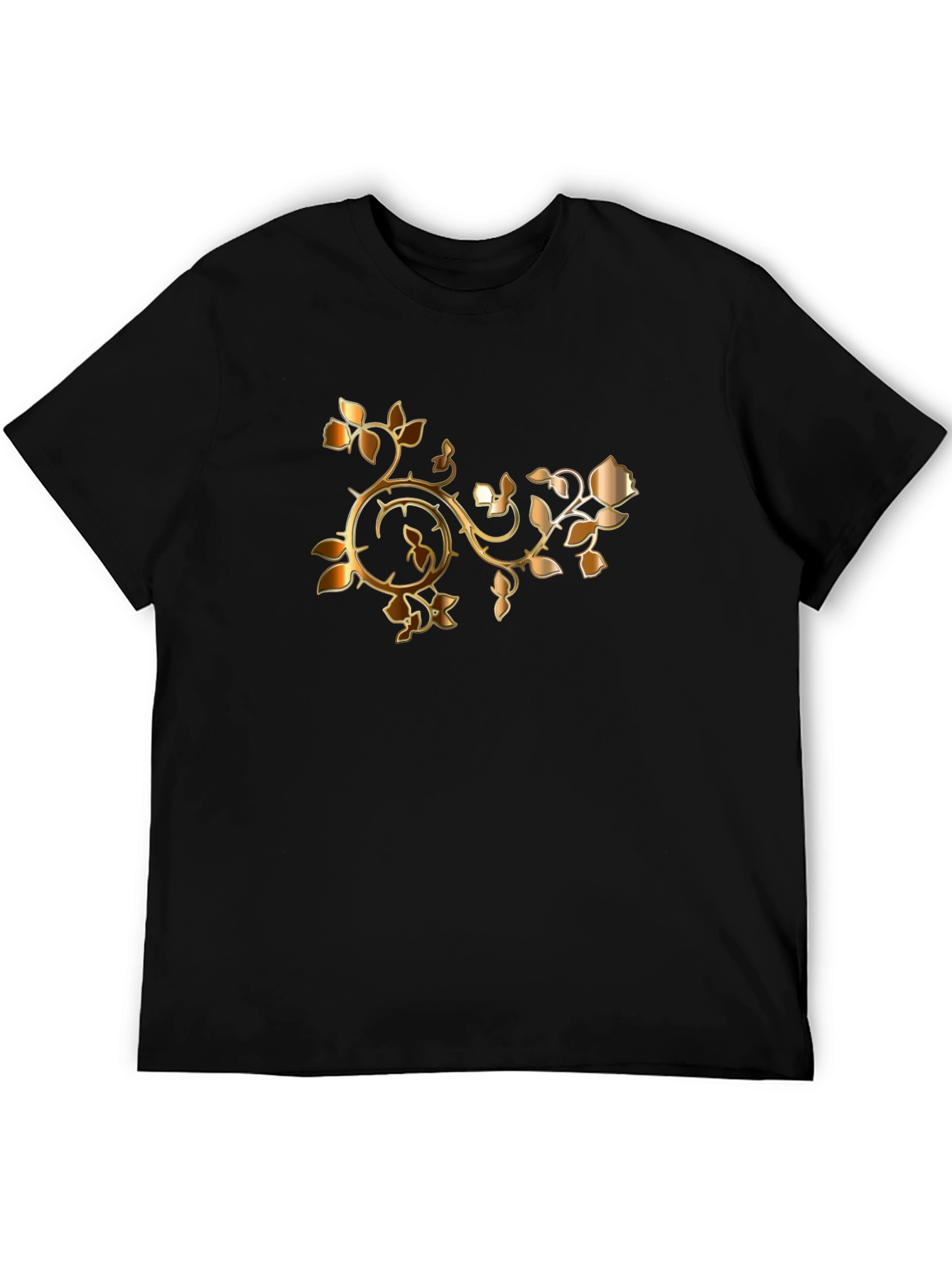 Stylish Black T-Shirt with Golden Rose Vine Design