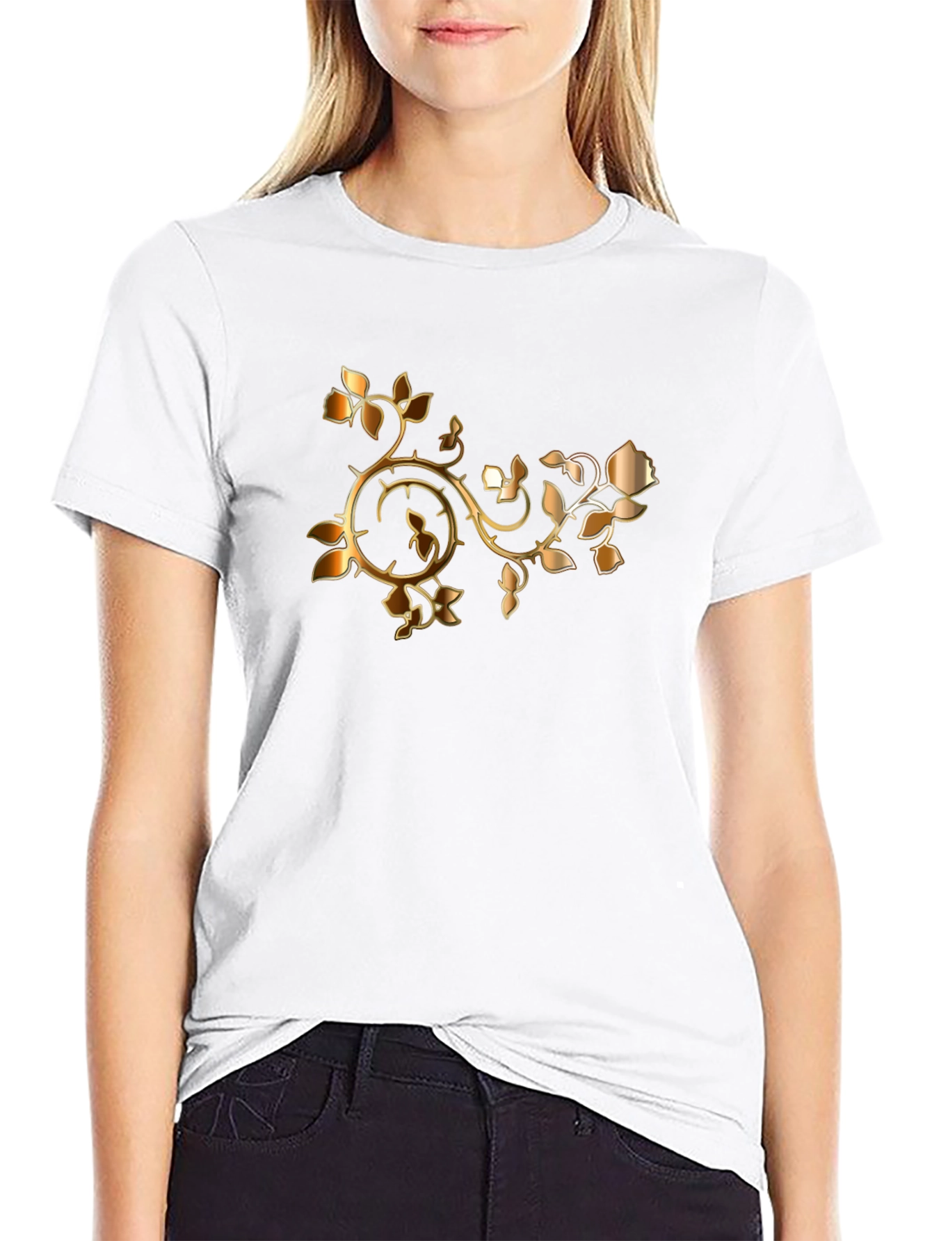 Stylish Black T-Shirt with Golden Rose Vine Design