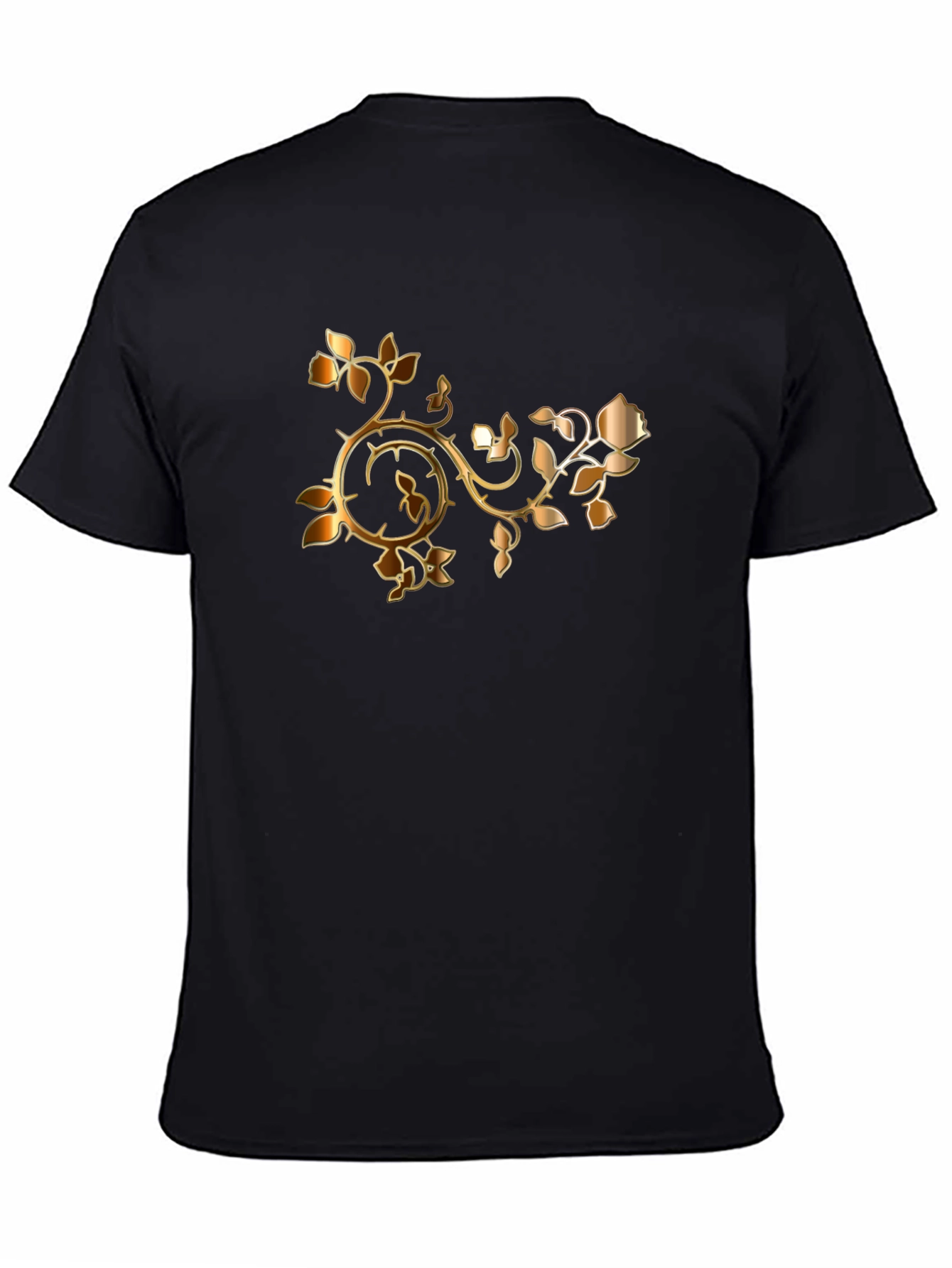 Stylish Black T-Shirt with Golden Rose Vine Design