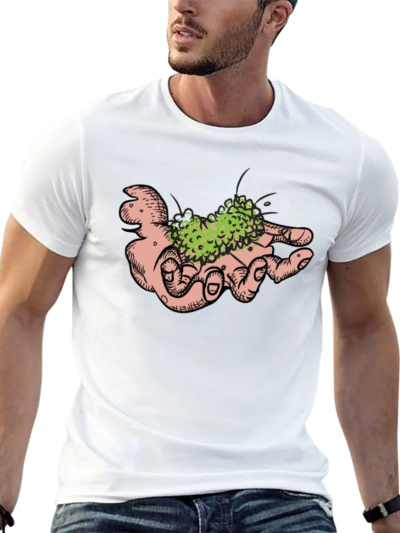Hand Holding Green Plant Black T-Shirt