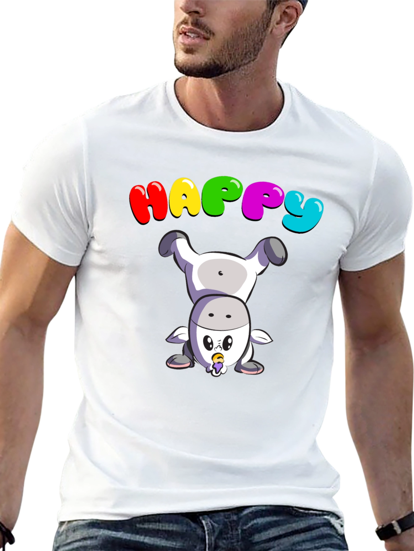 Happy Upside Down Cow Black T-Shirt