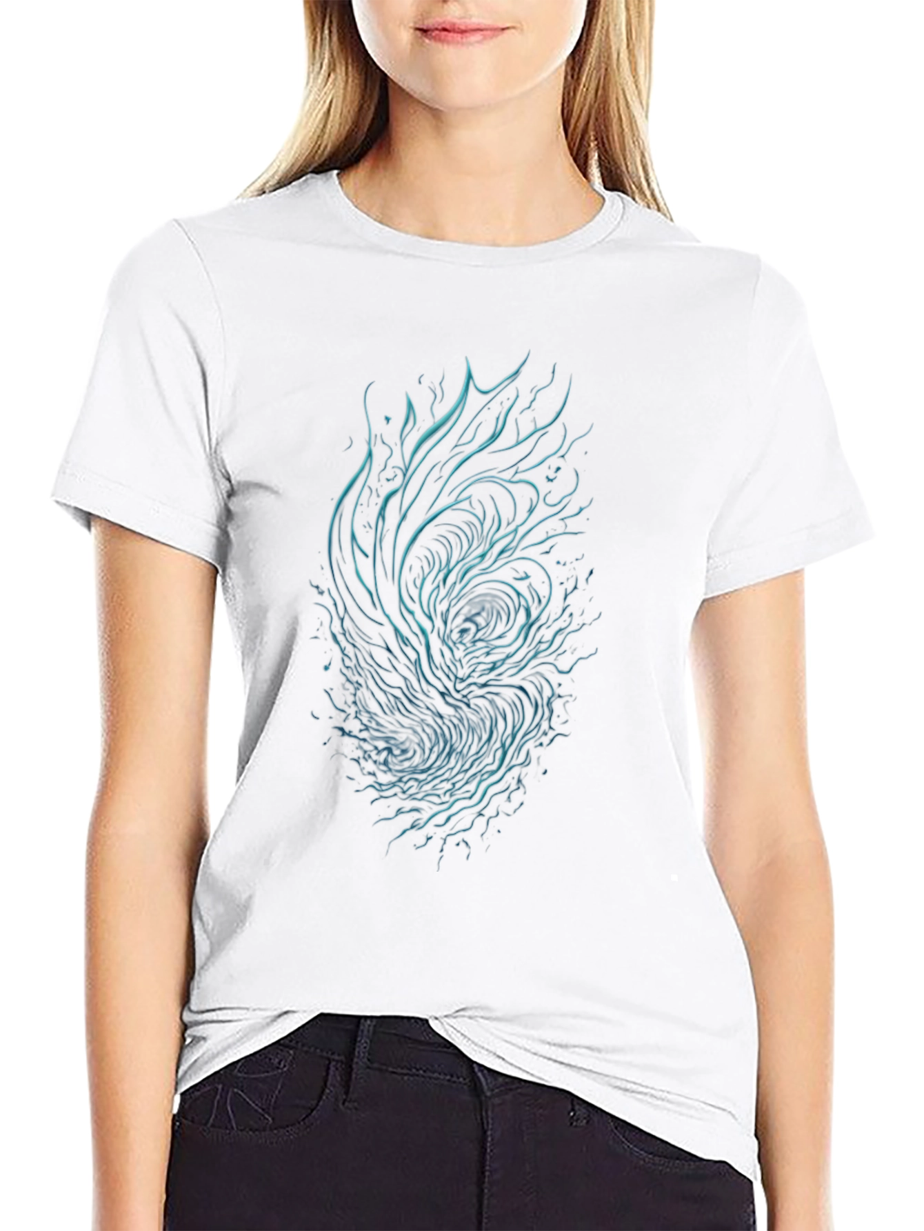 Abstract Teal Vortex Graphic Black T-Shirt